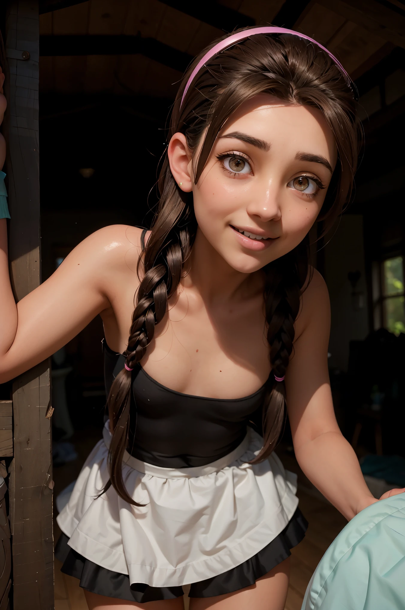 An impressive and intricate full color portrait, Ultra-HD a girl, brown hair with 2 braids, brown eyes, pink headband, detailed face, (dressed in a black maid outfit), no logos, epic character composition, alessio albi, nina masic, sharp focus, natural lighting, subsurface dispersion, f2, 35mm, smiling with teeth, happy face, ultra-realistic, ((house maid)), black stockings, skirt, house.
