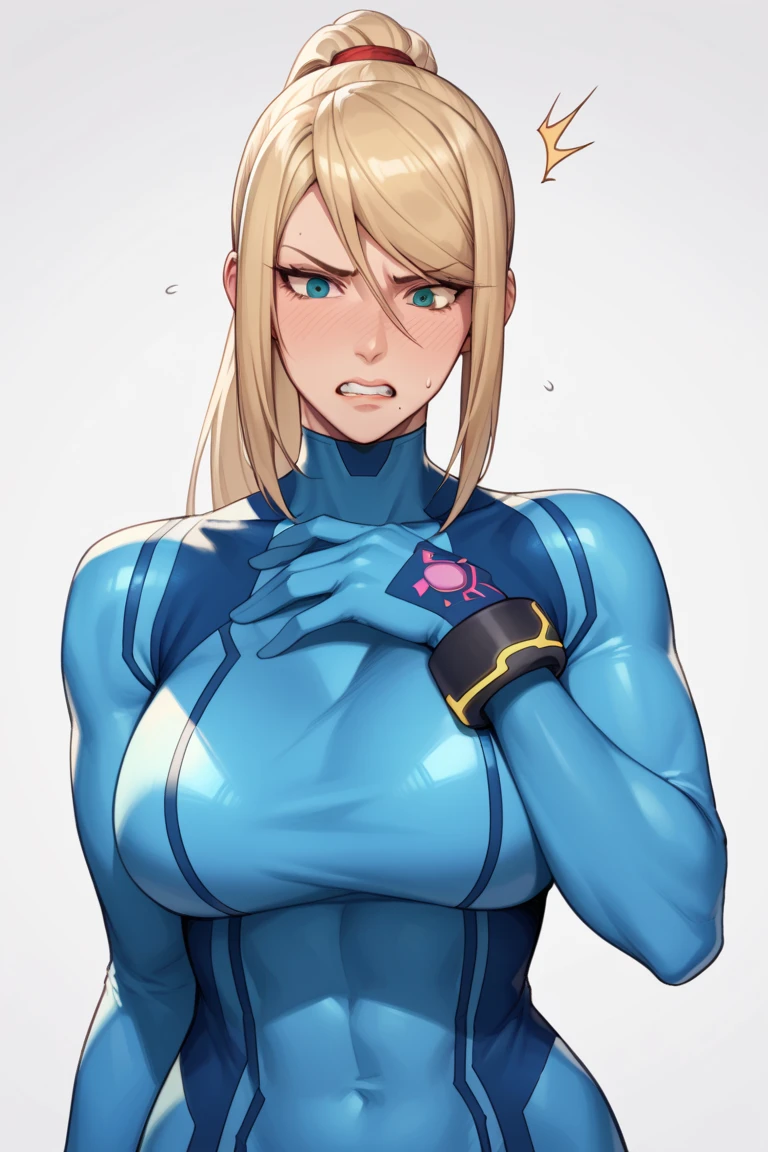 (high quality,Very detailed:1.37, High resolution), Woman, (mature:2.0), Samus Aran, Zero Suit, large breasts, (wetting herself:1.5), standing, (arms crossed:1.5), (embarrassed:1.5), (humiliation:1.5), (constricted pupils:1.5), (sweating:1.5), shaking, (trembling:1.5), (blushing:1.5), Meticulous details, (extremely detailed eys:1.37), space station, interior, science fiction, futuristic