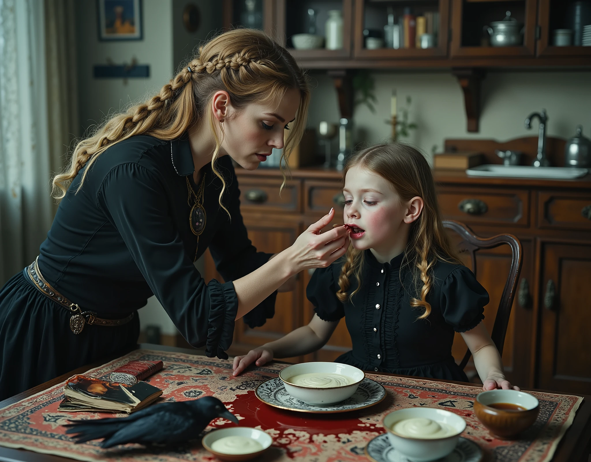 Swedish woman and a girl she is babysitting, at a kitchen table, traditional furnishings, woman is feeding the girl thick vanilla yogurt, with her fingers and hands, the yogurt is poring down the girl's chin and onto her blouse, girl is in a trance, the mood is strange, ritual like, folk horror, woman is wearing black clothing, erotic, blonde hair, braids, occults objects and books on the table, candles, some erotic photographs strewn over the table-top, detailed, intricate, vivid and lurid colors, fumetto aesthetic, volumetric lighting, cinematic lighting, dead crow and some blood