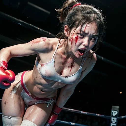 two naked bloody pretty young japanese girl fighters are fighting so hard. they have boxing in a ring. punchs are hiting their body. they are groggy. they have short-cut black hair, shortness of breath, drool from her mouth, one closed eye, exhaustion, and sweat soaked. open finger grobe. full body. Muscularity. Six pack abs.