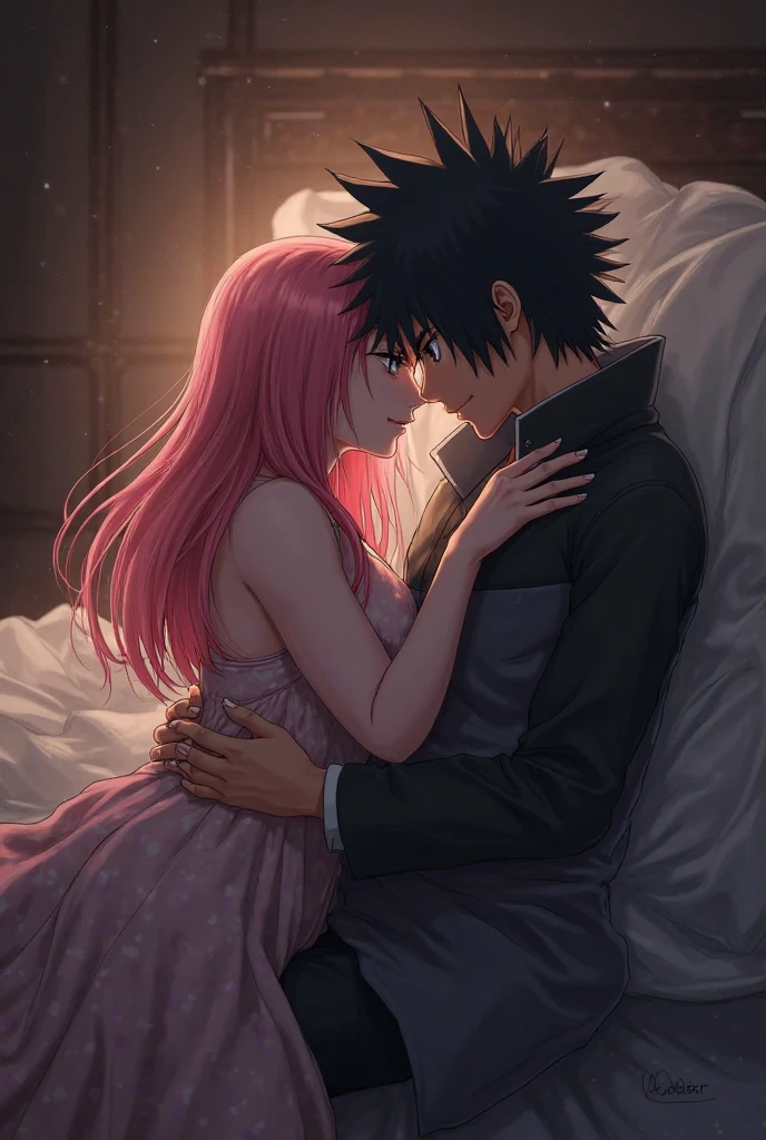Sasuke Uchiha and Sakura Haruno laying in bed cuddling
