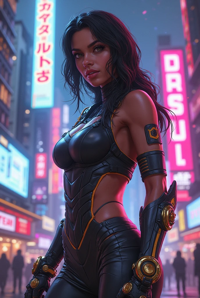 female cyborg, assassin,(big breastes), (perfect anatomy), (sports body), (Sexual), (thick-thighs), (perfect arms), Cyberpunk 2077 Style, Dark ambient