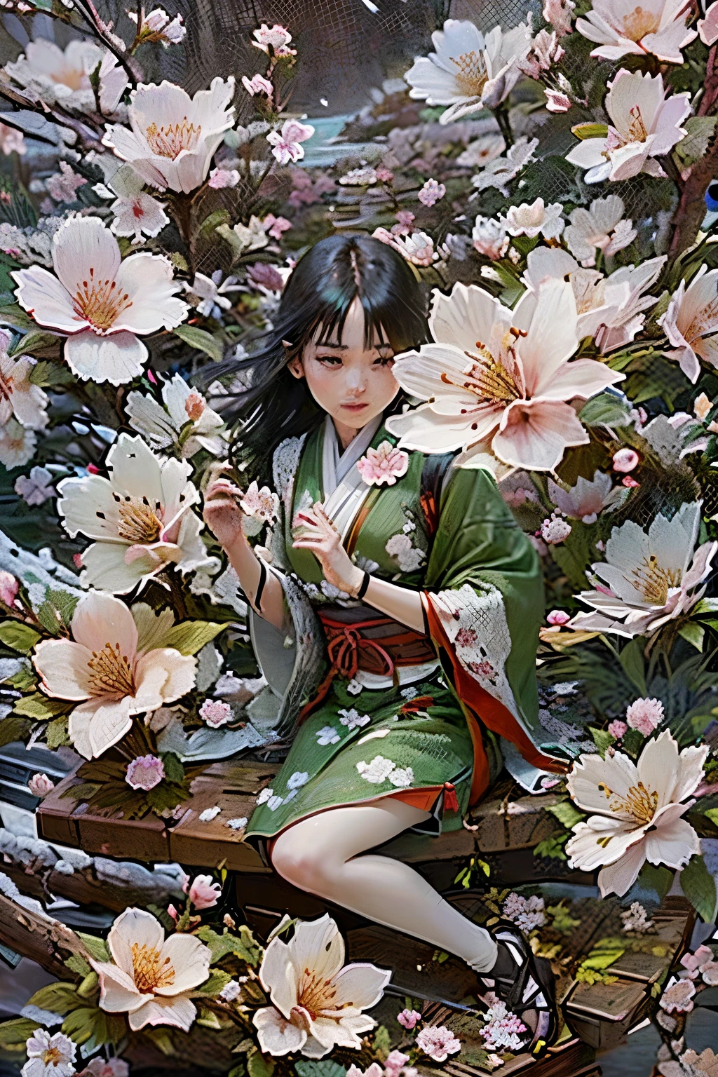(Ultra-detailed face, Looking away, Gothic Illustration, Dark tone colors. She has five fingers on her hands and five toes on her feet.), BREAK
(The small pale moon shines late at night. Cherry blossoms in full bloom. Fantastic. Mysterious. Elegant. Covered with cherry blossoms in full bloom. Petals sparkling in the wind. Blizzard of flowers. A view looking down on a woman from above.), BREAK
(The dark elf dancer turns her back, twists her body, sits on a thick cherry branch filled with cherry blossoms, gracefully fans the petals with a Japanese fan, and dances with a big wave of her hand. The woman smiles.), BREAK
(She has gray hair, gray eyebrows, blunt bangs, waist-length windswept hair, small pink lips, lavender eyes, dark gray skin, and thick Egyptian eyeliner.), (She wears a small, ornate, semicircular vermilion comb in her hair and a lacy Japanese kimono made of bright green silk with cherry blossoms all over it. She wears white tabi socks and black wooden geta with a red nose strap.)