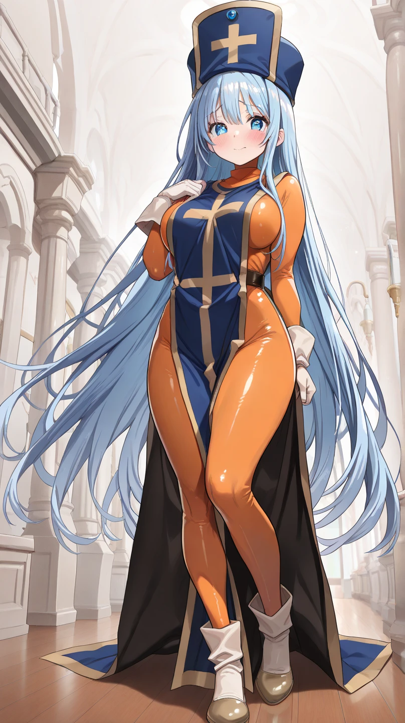 Blue Hair、long hair、、Black Sister Outfit、Black Wimple、Black Veil、Highest quality、4K、Beautiful light source、City of night、ruins、skyscraper、Emitting light source、Highest quality、Night Background、Light illumination、Big Breasts、naked