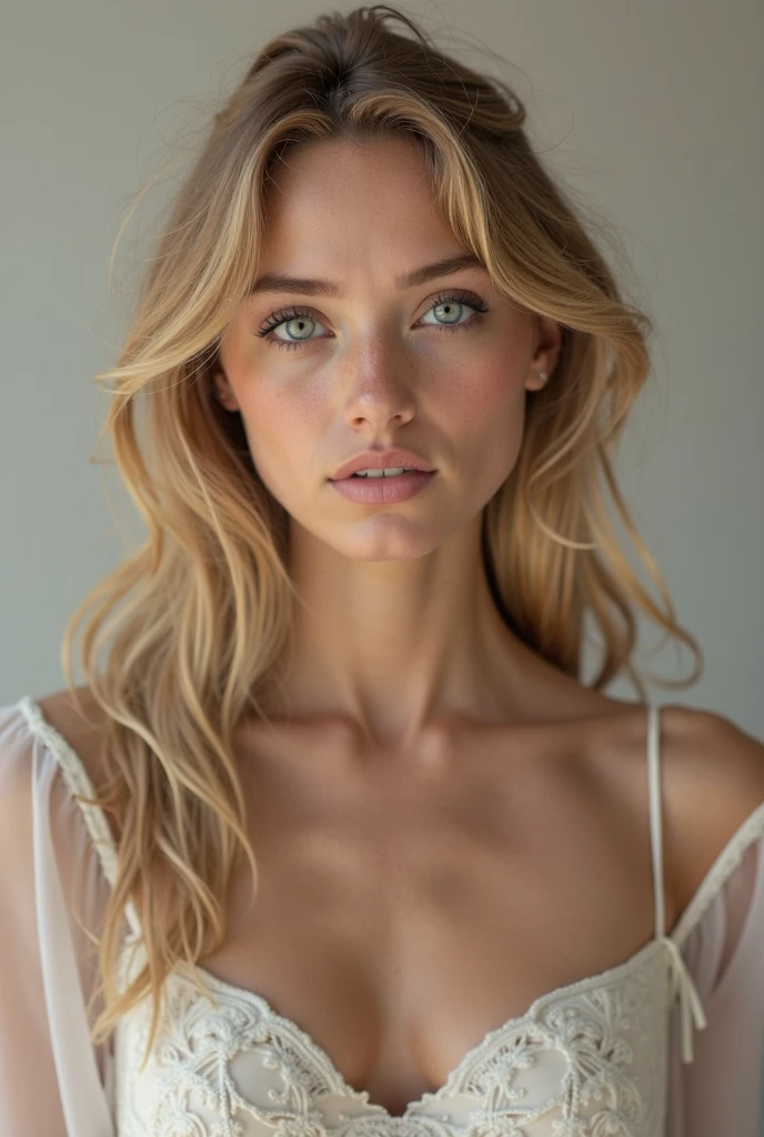 A realistic full body picture, of a European woman, age 30, with messy hair and blonde highlights, boasts beautiful blue eyes and an exquisite face. Dressed formally in a white shirt with an open collar, the high quality image captures every intricate detail of her corporeal form. Her eyes radiate charm and allure, as the image showcases their natural beauty and captivating depth. The image presents a clear, sharp focus, bringing every pore and texture of her skin to life. The blonde highlights catch the light, adding a luminous glow to her disheveled yet alluring hair. This stunning picture conveys the elegance and sophistication of a woman at

