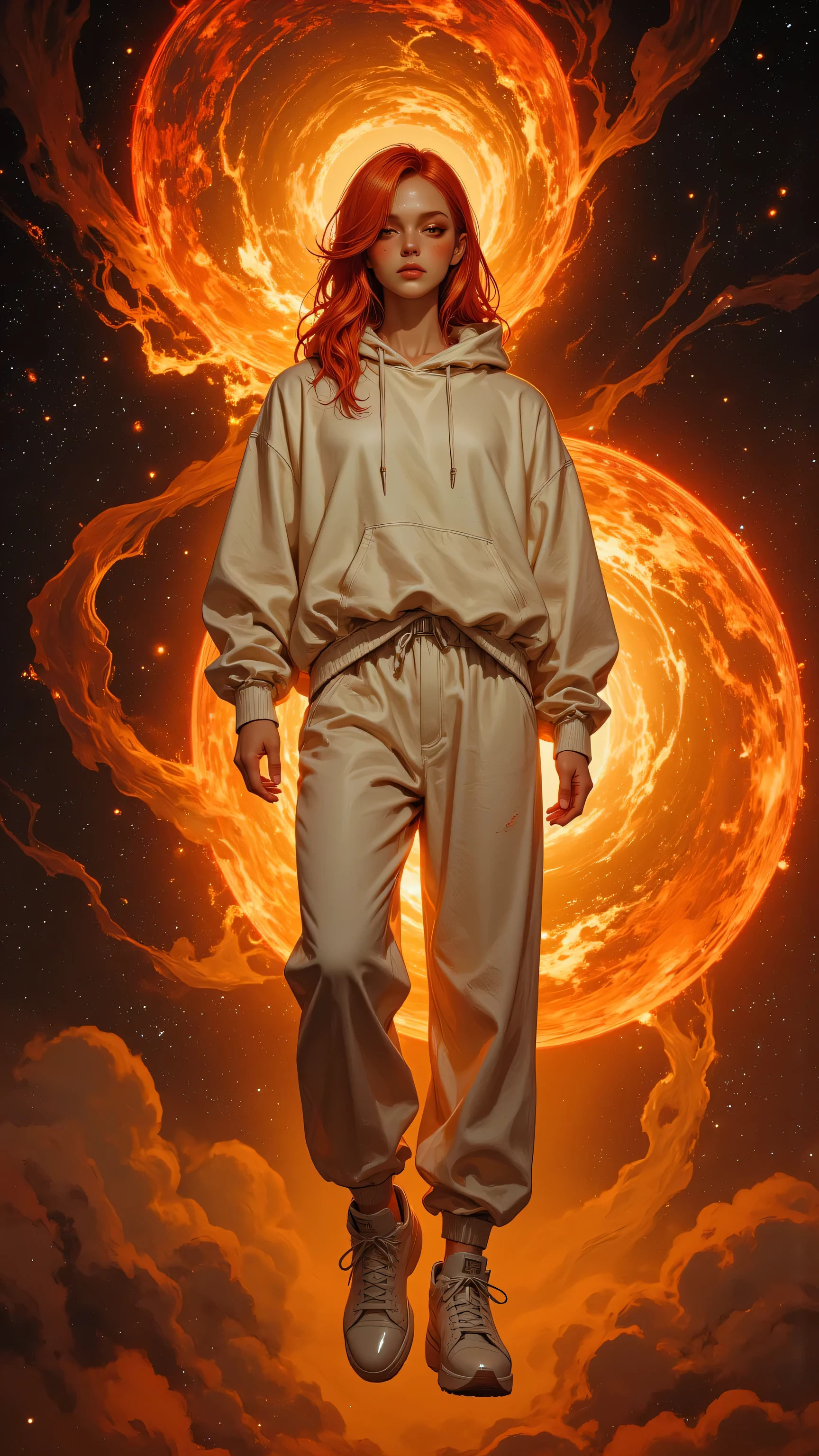 8k, Masterpiece, Top Quality, Low-angle,  red hair, freckles, fair skin, serene expression, cream hoodie, loose pants, white sneakers, floating pose, swirling nebula, orange, red, brown, fantasy, science fiction.
