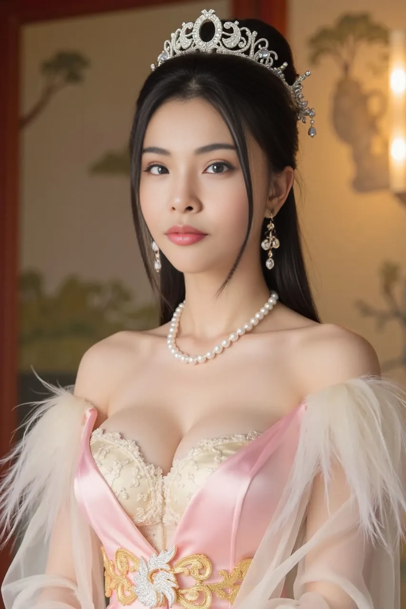 high quality、High resolution、masterpiece、sharp focus、realistic、photo-realistic、RAW photo、cinematic lighting、Photorealistic portrait of stunningly beautiful woman、slight smile、brown eyes、Natural textures、rich colors、ultra realistic texture、cowboy shot、Chignon's hairstyle、short black hair、glowing skin、light smile、(Small breasts:1.1)、Off-the-shoulder white wedding dress、Snow White Veil、choker、silver tiara、necklace、earrings、highly detailed face、fine eyes、looking at the viewer、Luxurious rooms in the palace、focus on face、detailed hand drawn、Detailed chest depiction, sexy belly