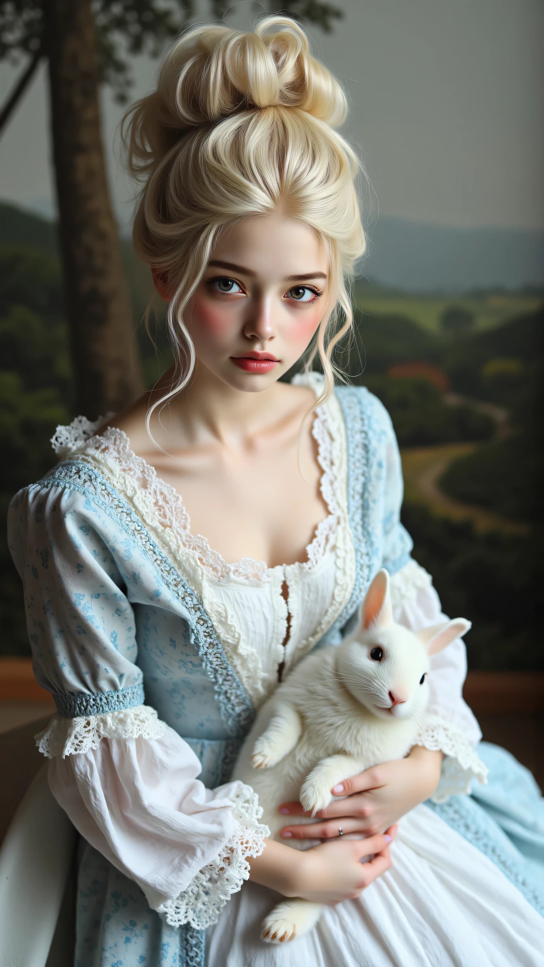 8k, Masterpiece, Top Quality, High-angle, doll-like, porcelain, fair skin, blonde, elaborate updo,  Rococo-style dress,  white,  pale blue,  lace,  embroidered, layered,  seated,  holding rabbit,  calm,  passive,  painted background,  landscape,  foggy,  trees,  hills,  grey,  green.