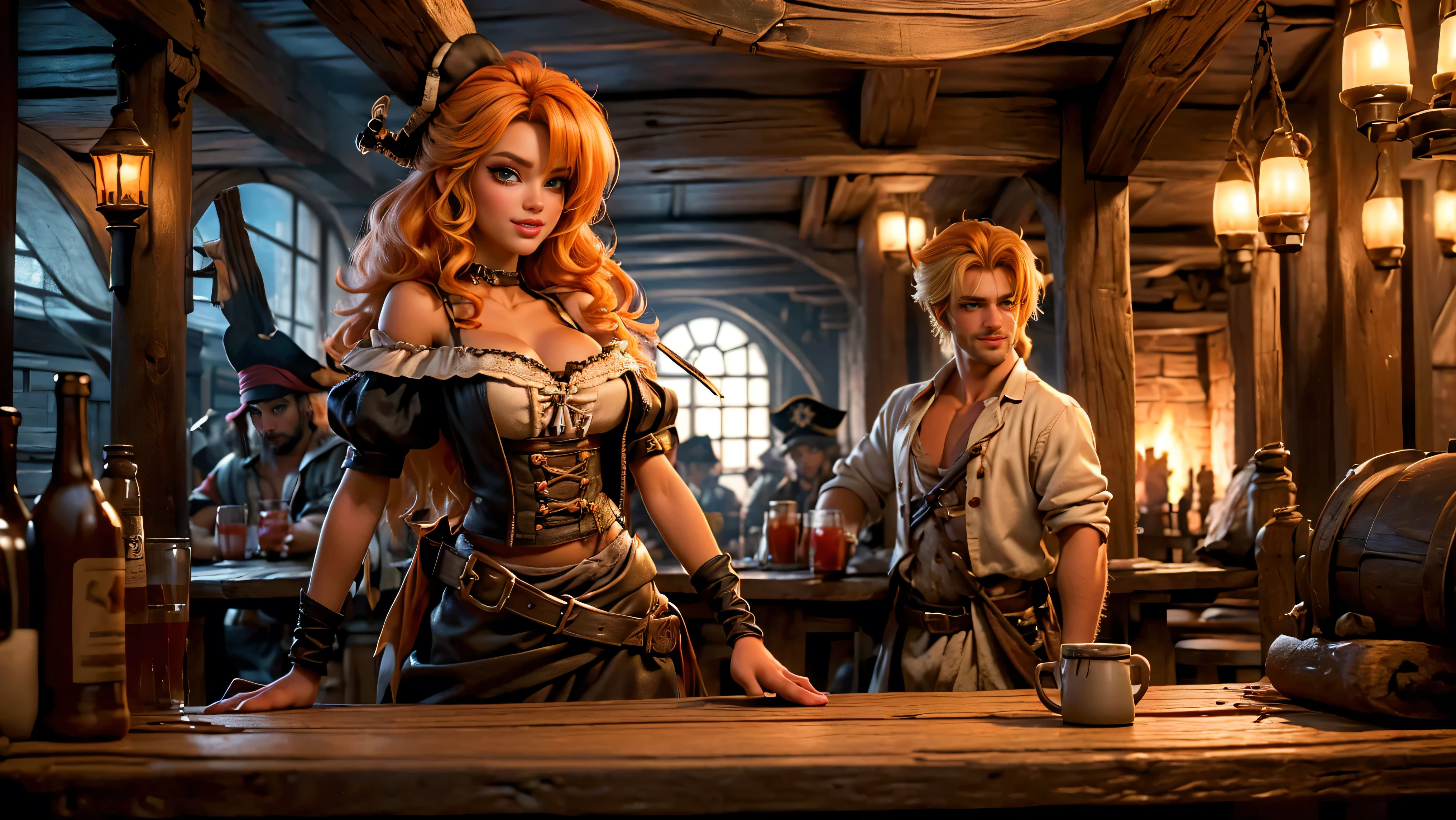 ((tavern and brothel filled with men)), ((1 redheaded tavern wench serving drinks to old pirates)), ((messy hair, orange hair)), ((1 serving girl)), ((solo girl)), ((ager)), ((li)), ((lirl)), ((Smiling)), ((little)), ((dark tan skin)), ((cute girl)), ((she is serving the pirates)), ((pirates are lusting after the girl)), ((pirates are large burly men)), ((pirates have dark hair)), ((men have blonde hair)), ((men wearing pirate cloths)), ((unshaven pirates)), ((she walks to the tables carrying tankards)), ((the men can't help but stare at her beauty as she walks by)), old tavern, pirate tavern, pirates holding and drinking tankards of ale,