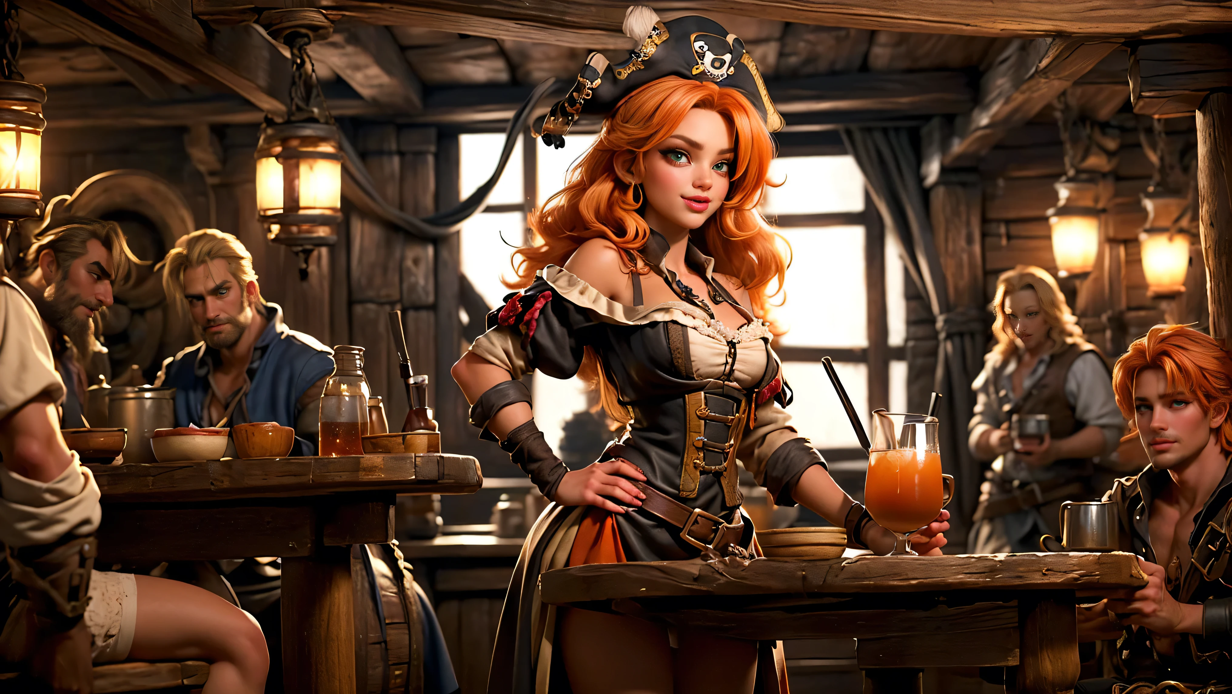 ((tavern and brothel filled with men)), ((1 redheaded tavern wench serving drinks to old pirates)), ((messy hair, orange hair)), ((1 serving girl)), ((solo girl)), ((ager)), ((li)), ((lirl)), ((Smiling)), ((little)), ((dark tan skin)), ((cute girl)), ((she is serving the pirates)), ((pirates are lusting after the girl)), ((pirates are large burly men)), ((pirates have dark hair)), ((men have blonde hair)), ((men wearing pirate cloths)), ((unshaven pirates)), ((she walks to the tables carrying tankards)), ((the men can't help but stare at her beauty as she walks by)), old tavern, pirate tavern, pirates holding and drinking tankards of ale,