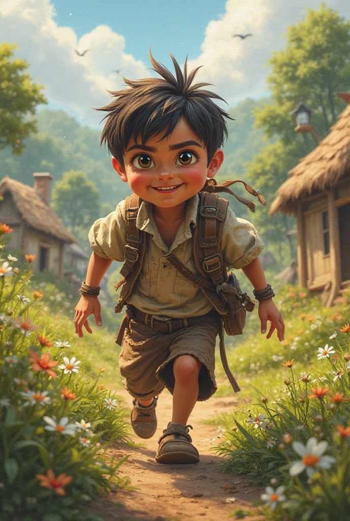 Image Prompt: A curious young boy, around , with bright eyes, holding a stick, and a determined expression on his face.