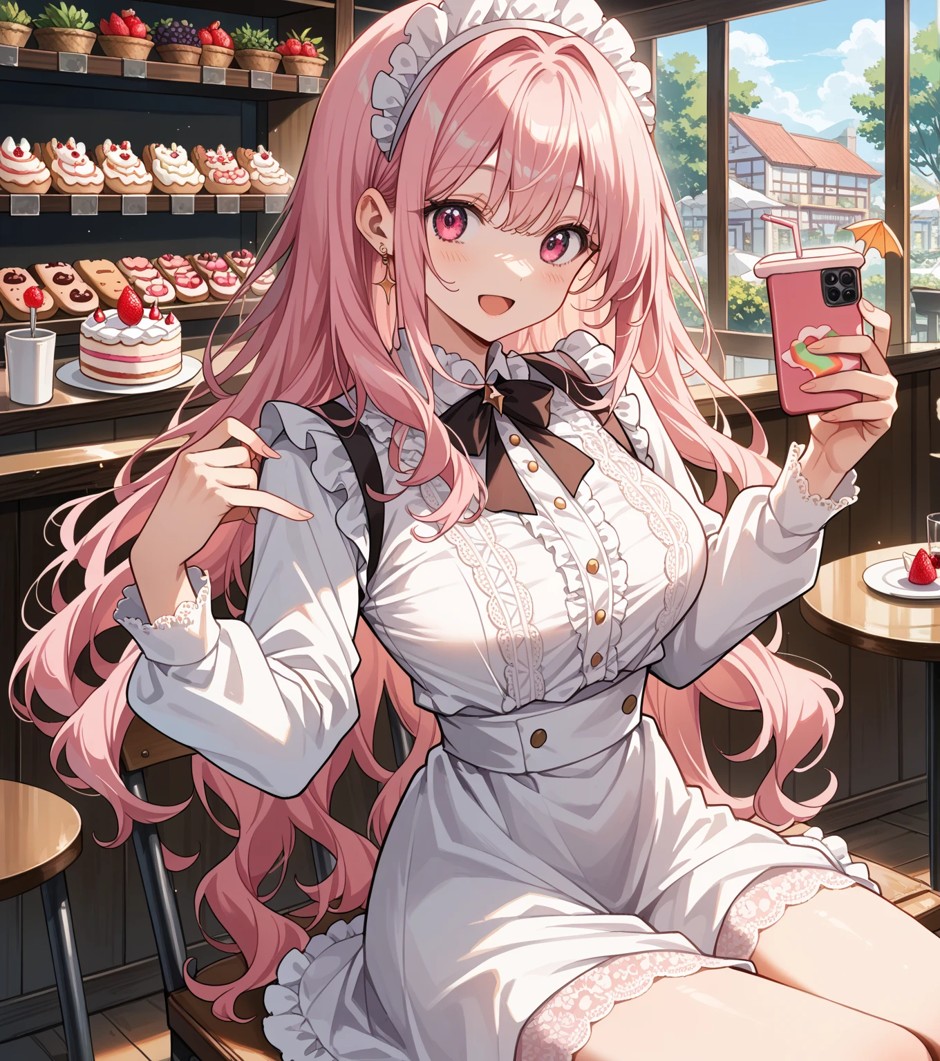 best qualityer,tmasterpiece,Ultimate resolution,downy,Extremely colorful,Colorful,Big high school girl,Lolita long dress, white stockings,Muffin shoes,Cafe background,closeup of face