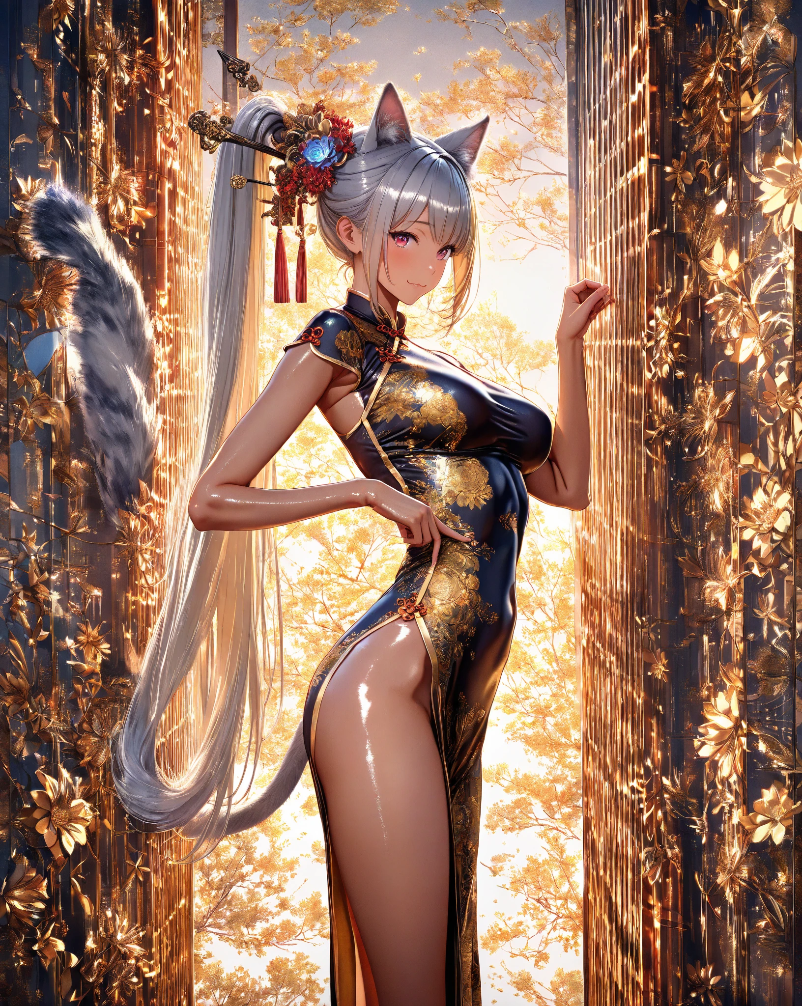 d shouban, 1girl, solo, animal ears, cat tail, cat ears, long hair, blue eyes, tail, thighhighs, high heels, looking at viewer, twintails, dress, white thighhighs, full body, very long hair, chinese clothes, white hair, cat girl, china dress, large breasts, garter straps, hand fan, blue footwear, bangs, breasts, bell, simple background, lantern, clothing cutout, hairband, blunt bangs, low twintails, white background, from side, standing, jingle bell, shoes, tail ornament, blue dress,blurry background, UHD, 8k, best quality, high details , retina