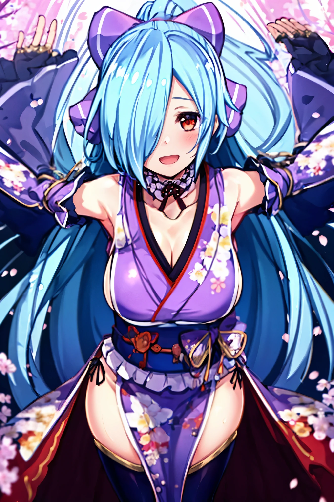 masterpiece, best quality, (1girl, solo),
yamato iori, ung_girl, virtual youtuber, solo, gloves, bow, hair bow, long hair, hair over one eye, thighhighs, blue hair, fingerless gloves, red_eyes, japanese clothes, detached sleeves, ponytail, looking at viewer, black gloves, very long hair, (heavy&soft_large_breasts:1.4), purple bow, kimono, smile, open mouth, transparent background, standing, sash, obi, purple kimono
blush,cherry blossoms,
( outdoors, forest, upper body, dynamic pose, looking at viewer, ),plump,raise_arms,portrait
