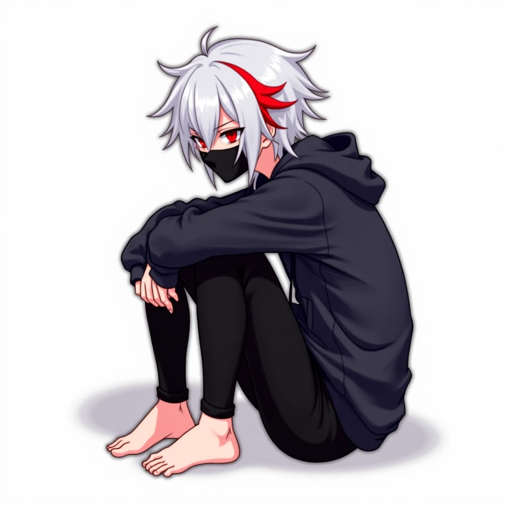 1boy, 1eye only, white hair, red eye, black sash shirt, white shirt, black sleeves, black pants, red tentacles in back, mechanical tentacle, looking on side