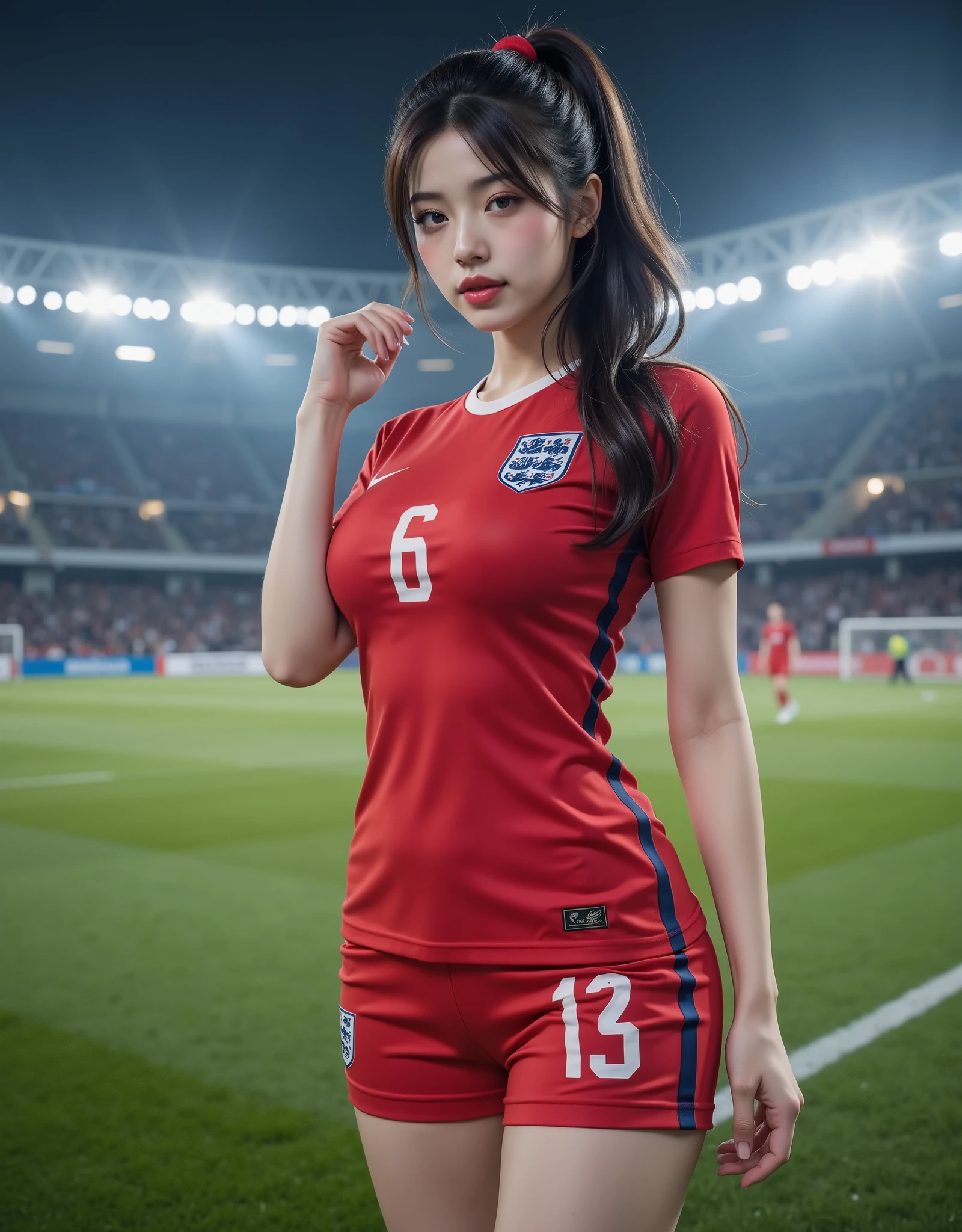 (A beautiful Korean woman with clear and super beautiful breasts is standing wearing the England national team uniform.:1.2)(Laughing whistling :1.2)(Sweaty beautiful skin:1.1)(16k, RAW photos , Top Quality, masterpiece: 1.2),(glossy and beautiful wavy ponytail with black hair:1.1) Super Detail, super resolution, (Genuine, Genuine photos: 1.37), portraits, high resolution RAW color photo, pro pics, very detailed, 8k Wallpaper, very detailed CG Unity 8k Wallpaper, very detailed beautiful girls, very detailed faces, ((full body)), beautiful woman, huge breasts,(huge :1.2) (big :1.1), beauty(Illuminated soccer field:1.1) (wear), high school girl , korean girl,, (Young beautiful woman)( beauty:1.1)( Soccer Uniforms:1.1)(pefect makeup:1.2),(xiaoyan:1.2)(Beautiful lipstick:1.2)(Huge breast)(Elegant and cute hair band )(NSFW:1.4)(20 years old:1.2)(beautiful skin:1.1)( closer shot with a solid background:1.1)