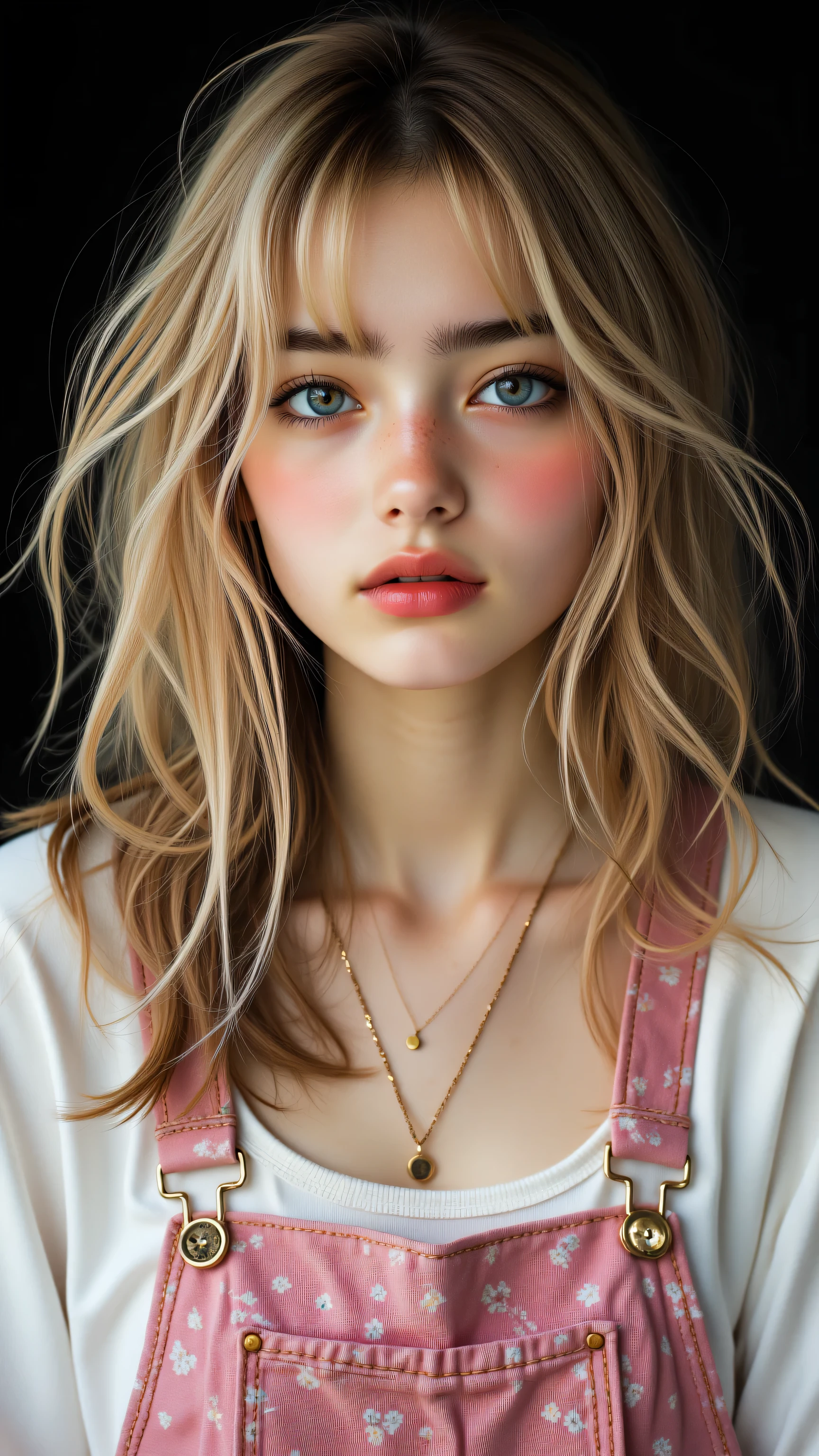 8k, Masterpiece, Top Quality, Close-up, frontal,  blonde, hair, waves, fair skin, rosy cheeks, light eyes, serene, pink floral, overall dress, white top, buttons, necklaces, thin gold chain, pendant, dark, out of focus, dreamy, soft lighting.