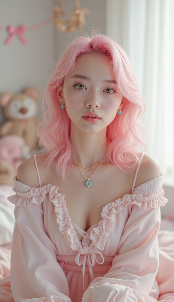 Light pink hair, Pink Eyes, Pink and white, Vibrant colors, White Dress, Paint splashes, Simple Background, Ray Tracing, Wavy Hair