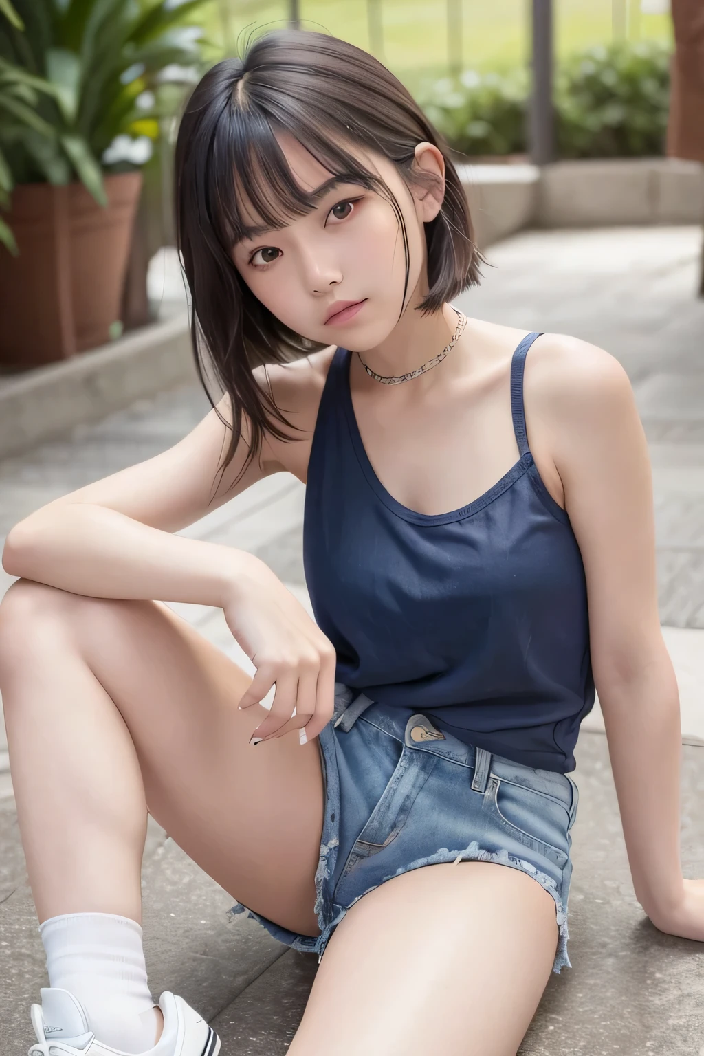 highest quality、masterpiece、4K、High Angle、Squat、((Japanese Idols))、very cute、short hair、Casual Coordination、10 years old、Small breasts、Alley