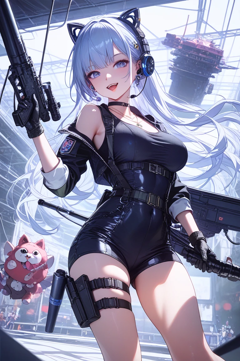masterpiece,best quality,perfect detailed,White cat ears,short hair,Blue Hair,{cool},robot girl,MECA suits,I own an AR-15.,background: