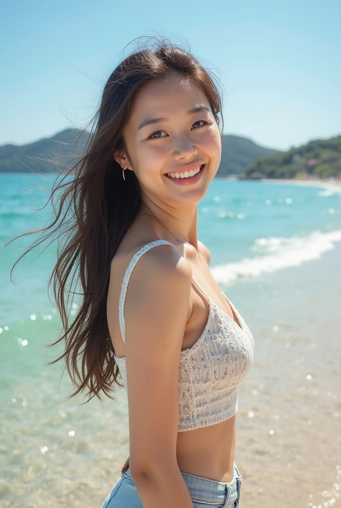 highest quality,masterpiece,ultra high resolution,(reality:1.4),original photo,cinematic lighting, 1 girl,smile,Backlight,Ocean,