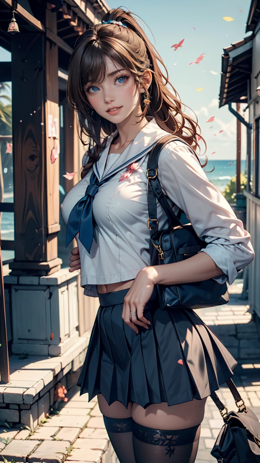 Japanese 、Sailor suit、Navy blue mini pleated skirt、loafers、school bag、Bus stop waiting room,One Summer Day,(hem lift:1.3),(open bag:1.3),(adnet weight:1.0),(hem that rolls up:1.3),(Fully exposed pussy:1.5),Well good,no panty,smile,