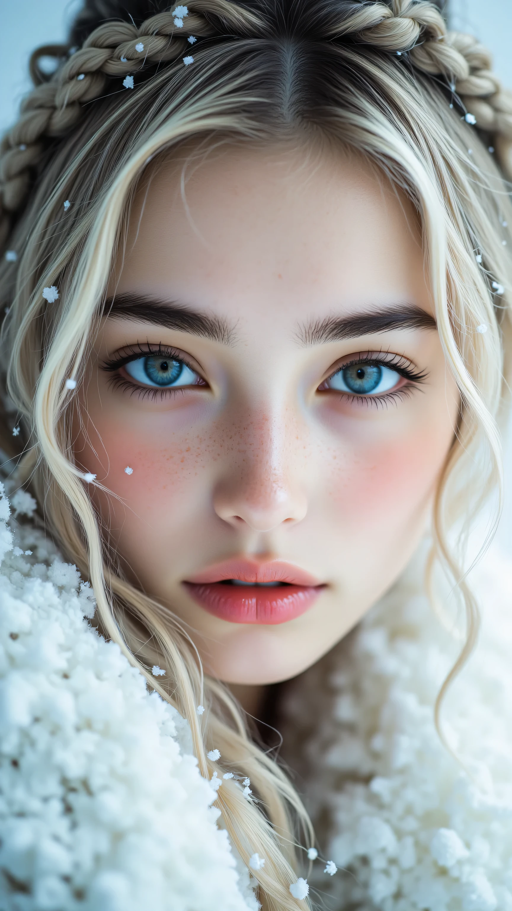 Two young women wearing furry hats and blue eyes in the snow, com pelo azul e olhos azuis, gelo-azul-olhos, menina com orelhas de raposa, olhos azuis de gelo, symmetric azure eyes, beautiful gemini twins portrait, olhos azuis hipnotizantes, symmetric bright eyes, Olhos azuis azuis, beautiful highly symmetric faces, com olhos azuis, olhos azuis e cabelos loiros