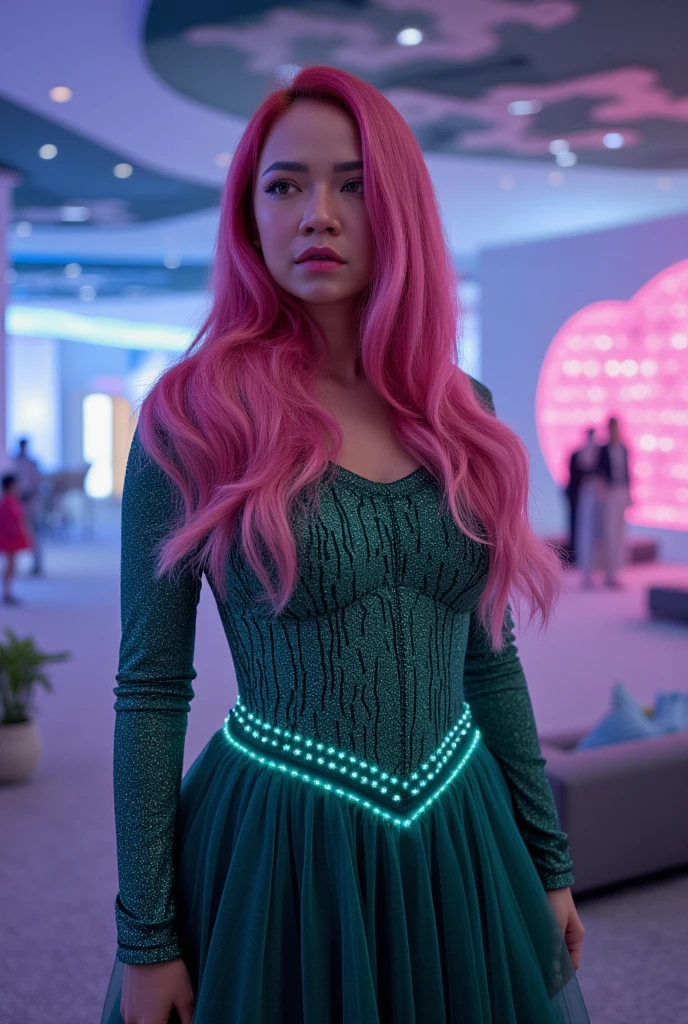 girl with long pink hair in a long dress with green eyes in cyberpunk style 
