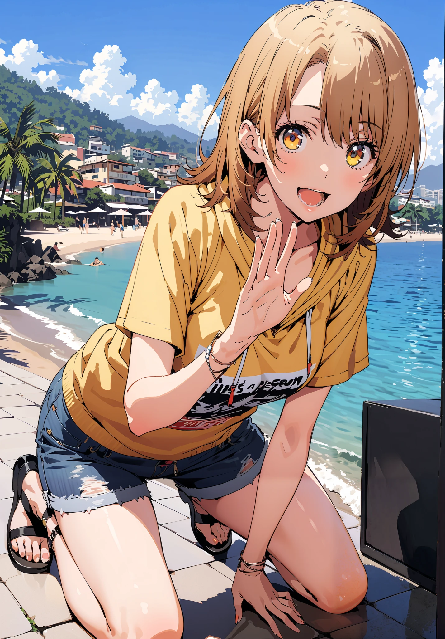Irohaisshiki, Isshiki Iroha , short hair, black cock, brown eyes,smile,cover,opens her mouth,Yellow oversized hoodie,Short sleeve,denim micro shorts,sandals,Palm Trees,Everlasting summer,noon,clothed,Beautiful cityscape,sea,full bodyがイラストに入るように,break outdoors,sea岸通り
break looking at viewer,full body,
break (masterpiece:1.2),top quality , kampala,Unity 8k Wallpaper,(shape:0.8),( fine, beautiful eyes :1.6),It's a person ,full body写真,CG Details , (perfect hands,complete anatomy),