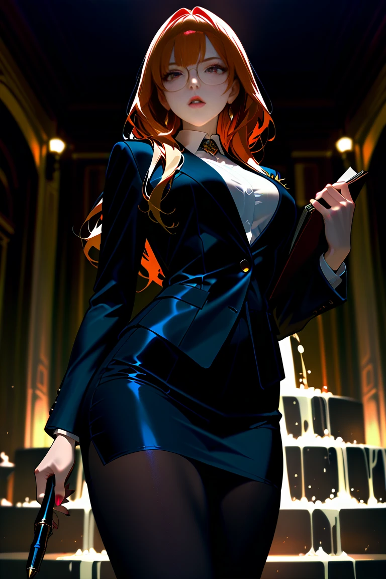a sexy and tempting lawyer, elegant black dress, long hair tied tightly in a ponytail, she is holding a briefcase and a stack of documents with contracts to be signed dramatic makeup, piercing gaze, ominous and threatening look, best quality, 8k, highres, masterpiece, ultra-detailed, photorealistic, studio lighting, extreme detail description, vivid colors