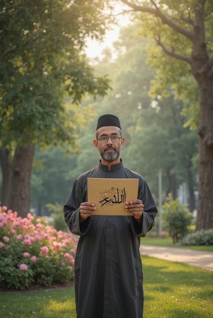 (photorealism:1.2), a man,Indonesia,Muslim,cleric,time, without a beard, Java, sit down,facing forward,shows a blank sheet of paper, blank paper facing the audience,lanscape shape paper,paper fills the camera, "aesthetic, interesting, clear,Background, children, Muslim, learning