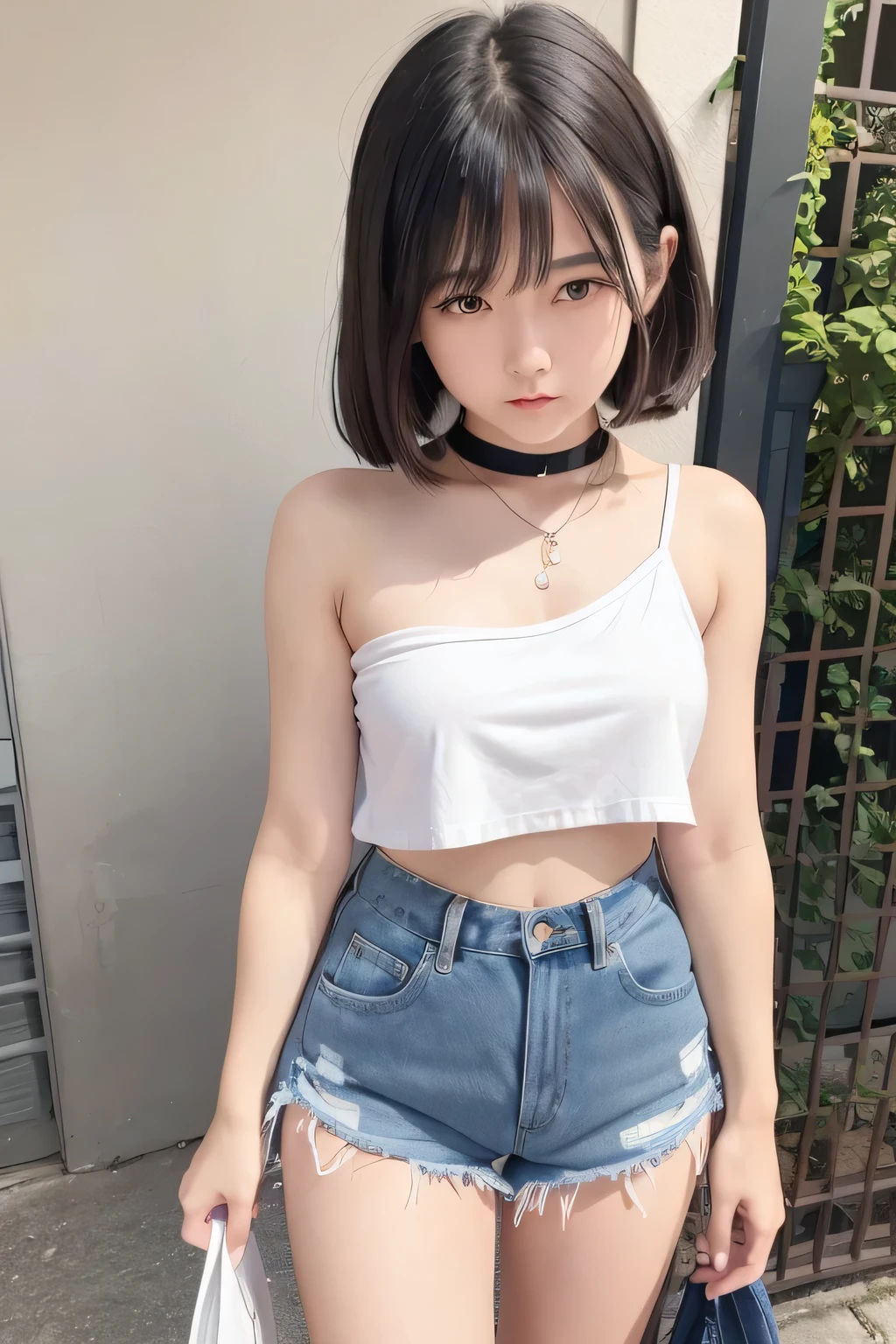 One Japanese girl、high school girl、Blonde、short hair、Dark Skin、Black choker、Big Breasts、Wet Hair、Wet body、Clothes clinging to the body、White tank top、Denim shorts、Nipples、Water Drop
