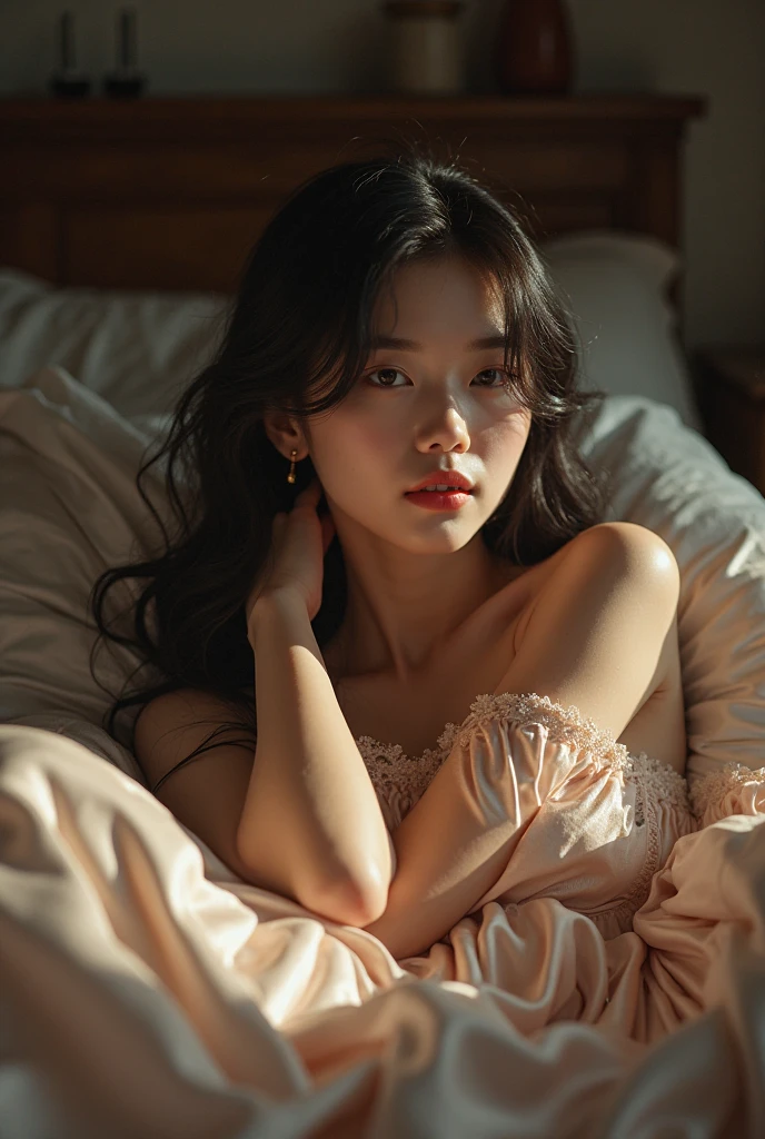 bestquality、A masterpie、Ultra High Res、(photorealistic:1.4)、Raw photo、a 1girl、off shoulder、garterbelt、In the room、deep shadows、Low Key、On the bed、Lying on back、Right arm under the head、Put your head on the pillow、Half-taken clothes、Viewer's Perspective、Luxurious necklaces、transparent underwear