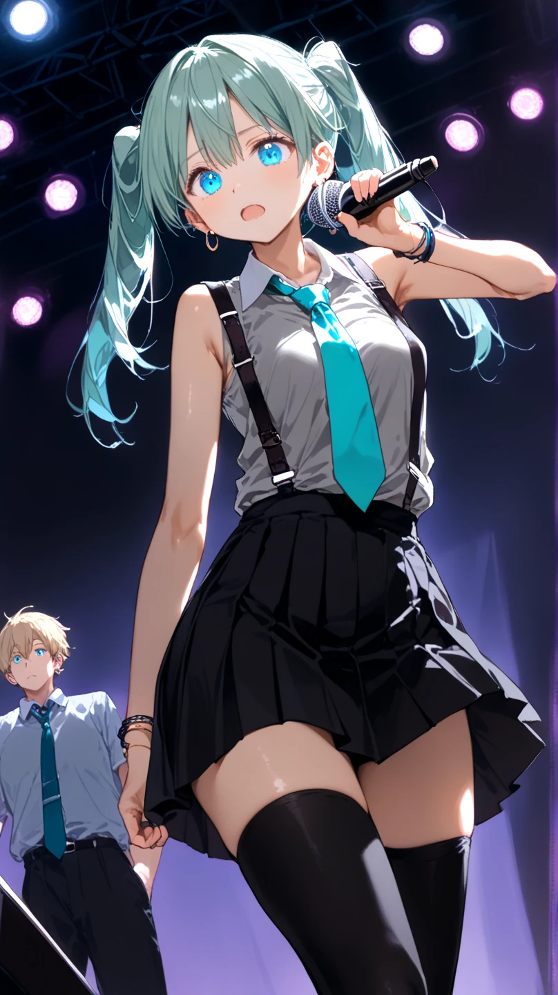anime high school girl, Put on a sexy kimono, short kimono, bare arms, Bare back, bare shoulders, walk, long hair, light blue hair, look at the audience, blue eyes