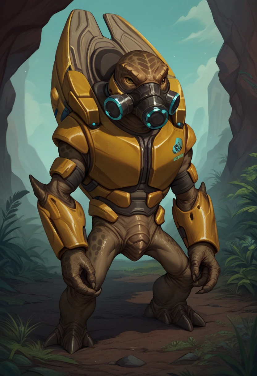 halogrunt, 1boy, lizard, alien, yellow armor, backpack, full body, gas mask,halogrunt,solo,