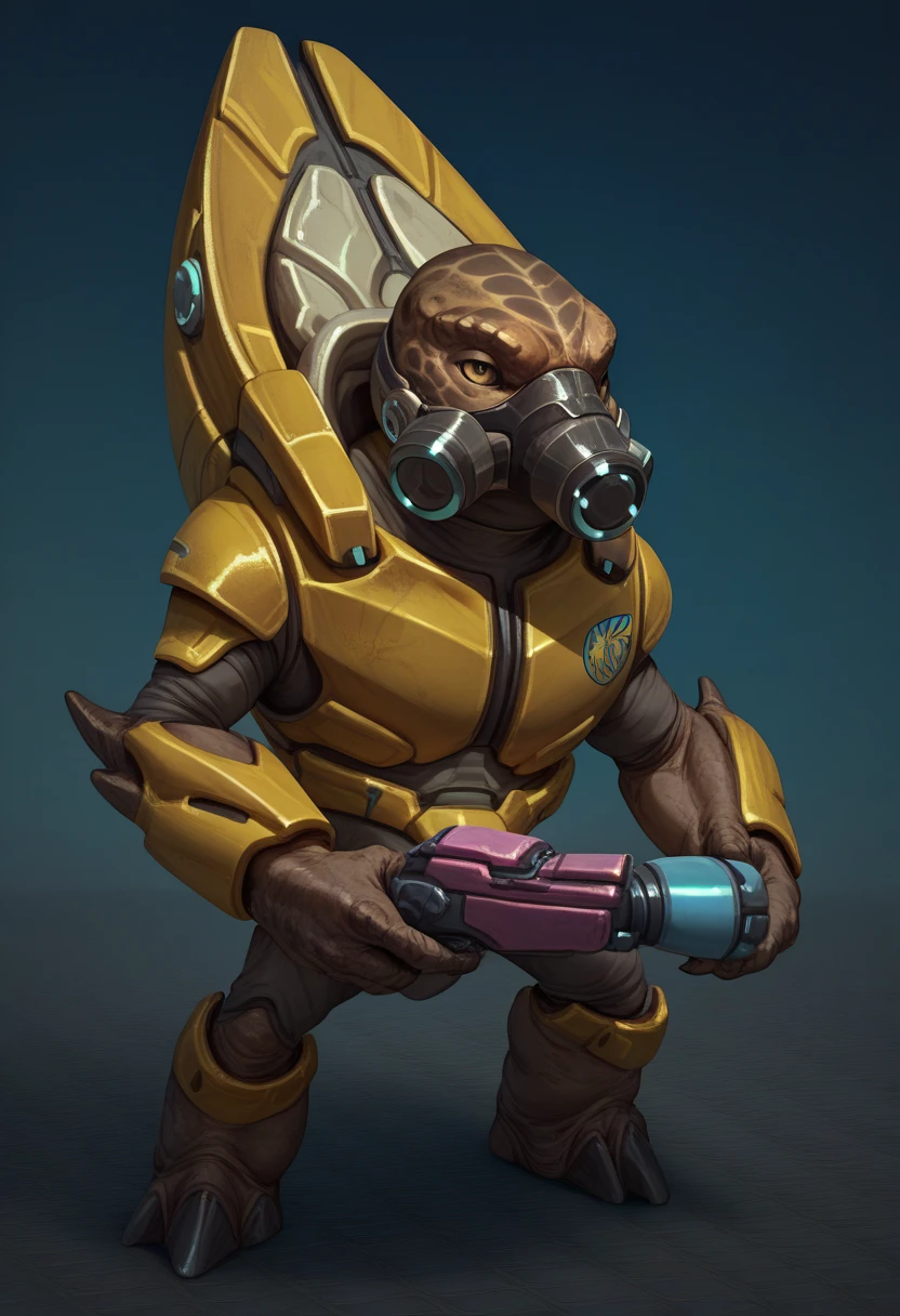 halogrunt, 1boy, lizard, alien, yellow armor, backpack, full body, gas mask,halogrunt,solo,