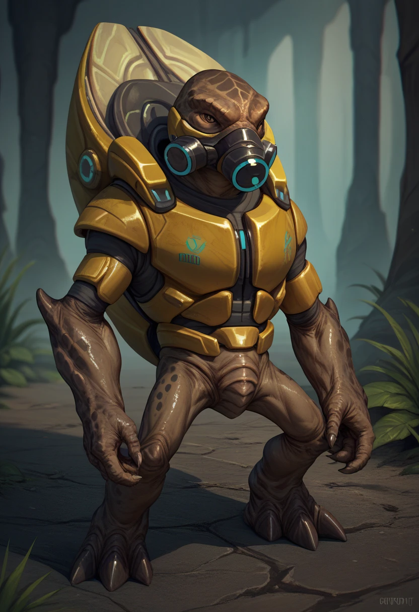 score_9, score_8_up, score_7_up, score_6_up, score_5_up, score_4_up, halogrunt, 1boy, lizard, alien, thick thighs, black armor, backpack, indoors, science fiction, hallway, spaceship, purple interior, gas mask, short <lora:HaloGruntPonyV2-03:1>
