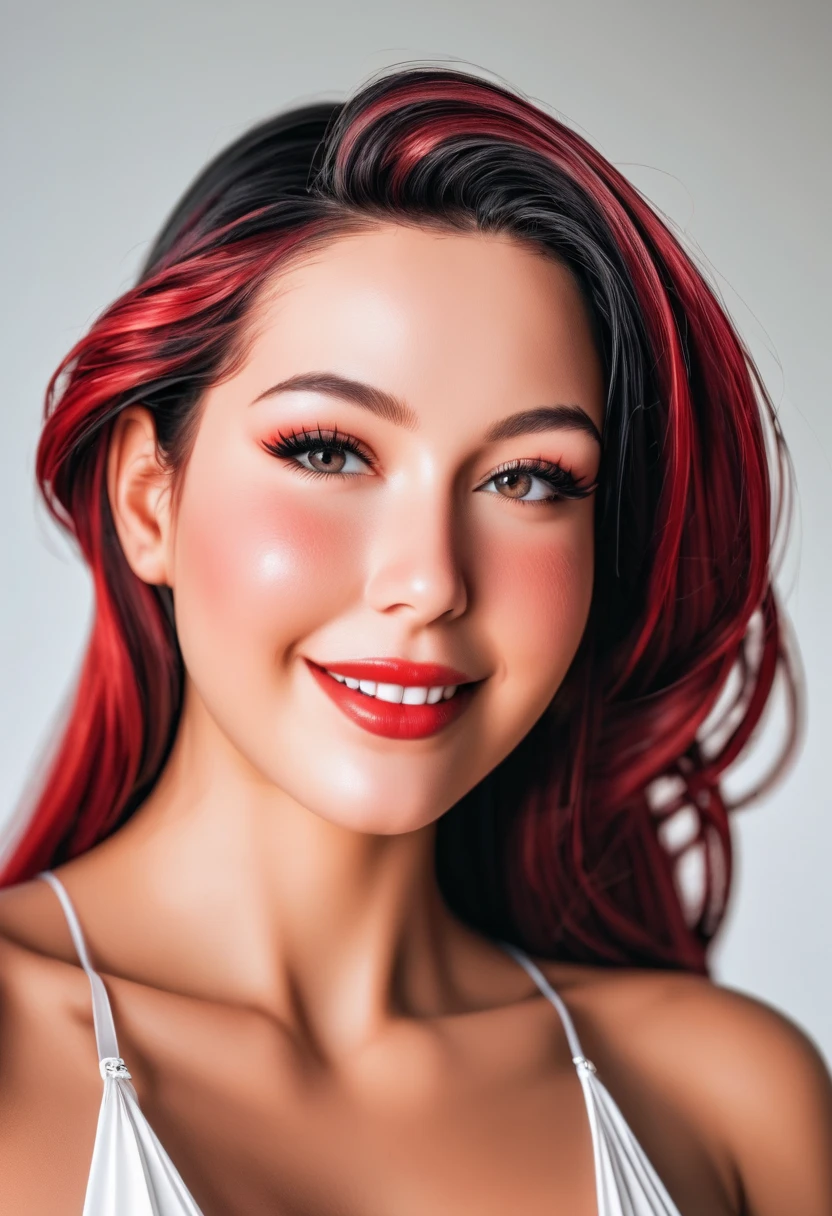 Un portrait hyperréaliste d’une sublime femme heureuse et rayonnante, sourire radieux, femme aux cheveux couleur rouge sombre foncé très_long et très détaillés, ((long cheveux couleur rouge sang foncé), portant une robe en dentelle faite en composants électroniques et accessoires circuitrytech, (décolletée push-up) , regard intense et sensuel , ((pose dynamique, proportions parfaites, masterpiece, hyperRéaliste, masterpiece, superior quality, high resolution, Extremely detailed, highly detailed 8K wallpaper)), détails fractales, circuitrytech :1.6, scifi : 1.6, décors de science fiction heureux, big breasts, sublime décolleté profond, poitrine fluorescentes