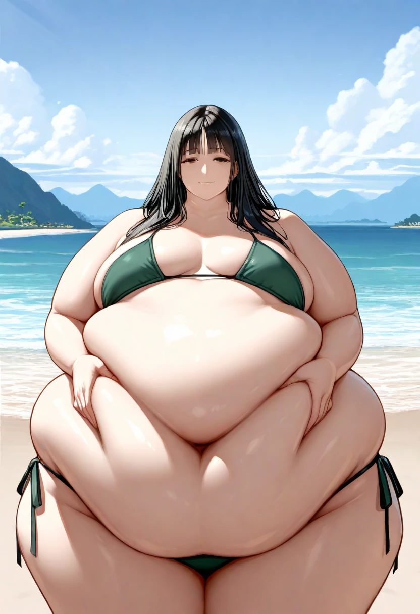 girl, very short, 18 years old, obese, colossal breasts, saggy breasts, huge belly, thick hips, very fat legs, colossal ass, micro-bikini, running on the beach, very sweaty, exhausted face, flushed cheeks, perfect anatomy, perfect movements, swaying breasts, perfect body, round face