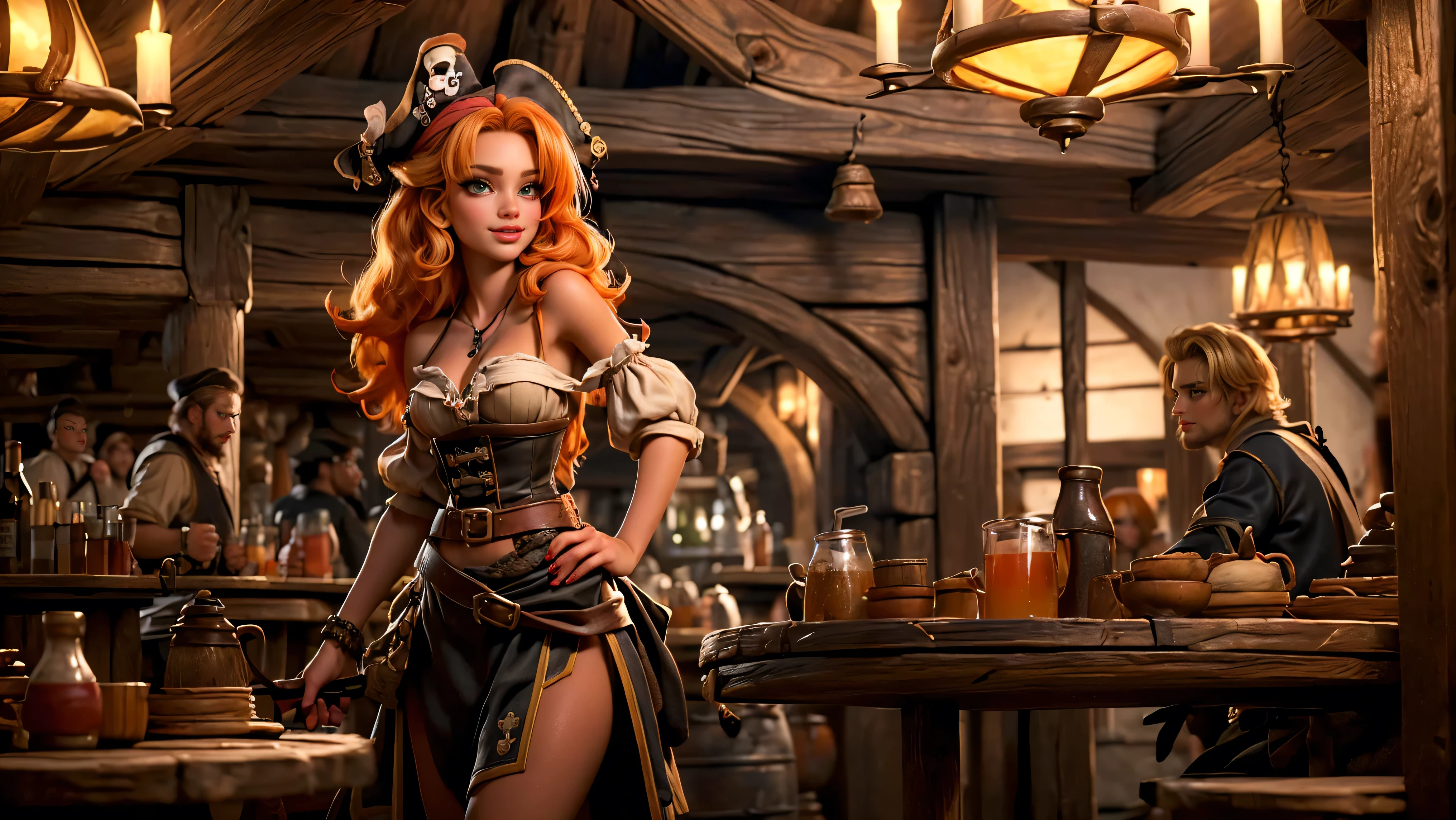 ((tavern and brothel filled with men)), ((1 redheaded tavern wench serving drinks to old pirates)), ((messy hair, orange hair)), ((1 serving girl)), ((solo girl)), ((ager)), (()), ((littlegirl)), ((Smiling)), ((little)), ((dark tan skin)), ((cute girl)), ((she is serving the pirates)), ((pirates are lusting after the girl)), ((pirates are large burly men)), ((pirates have dark hair)), ((men have blonde hair)), ((men wearing pirate cloths)), ((unshaven pirates)), ((she walks to the tables carrying tankards)), ((the men can't help but stare at her beauty as she walks by)), old tavern, pirate tavern, pirates holding and drinking tankards of ale,