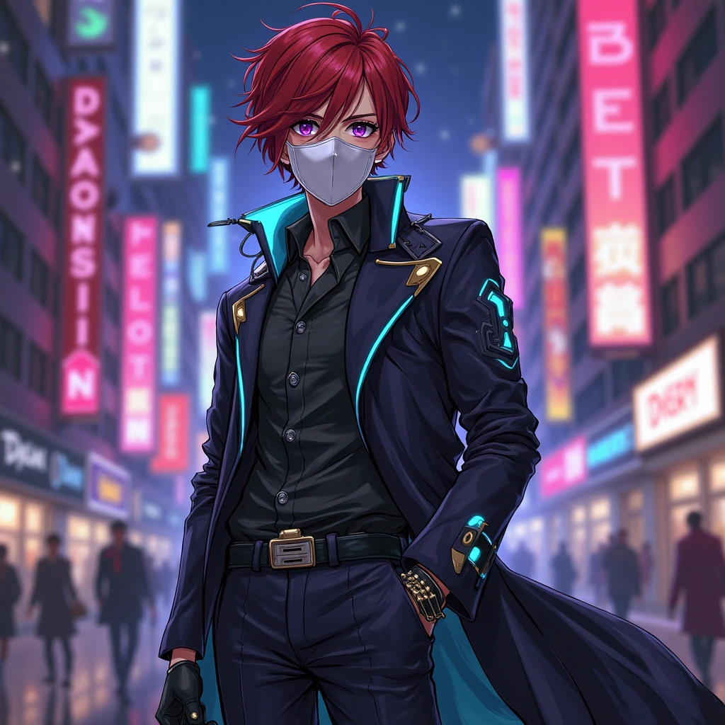 A blue-eyed man with a handsome face and red hair parted in the middle was taking a photo at the mall while wearing a black mask and dark clothes.