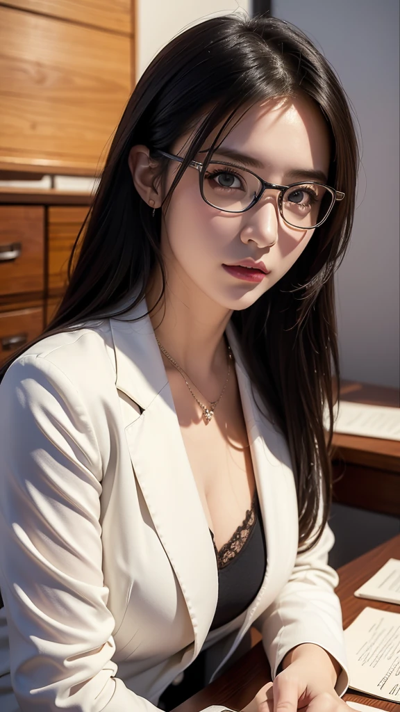girl wearing a blouse, BREAK, 1girl, detailed face, cleavage, detailed ruffle-trimmed satin blouse, mysterious scheming charm expression, masterpiece, official art, 8k, sophisticated, suit, glasses, earphone, 