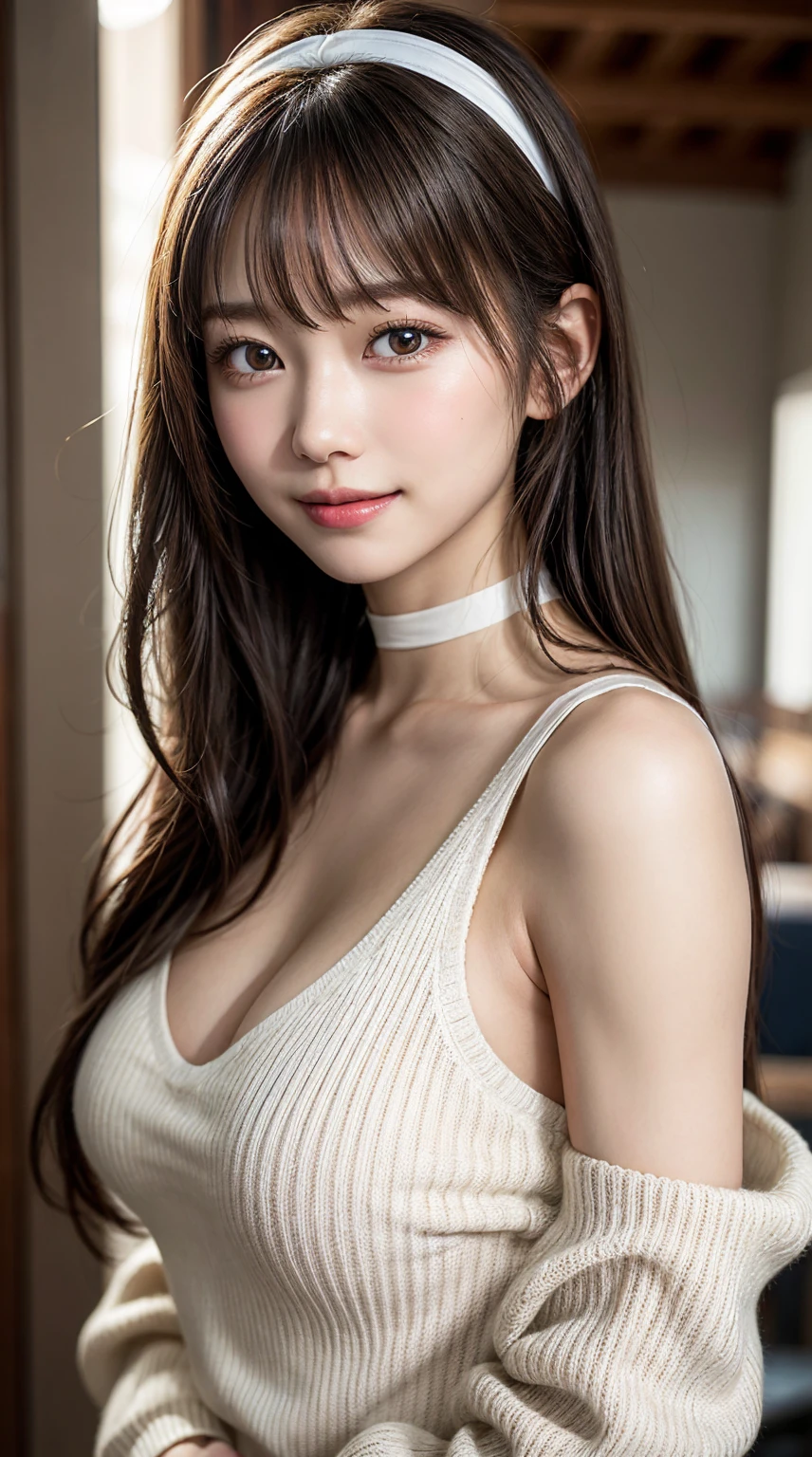 masutepiece, lightly dressed、Best Quality, Naughty smile、randome pose、Bruises、Illustration, Ultra-detailed, finely detail, hight resolution, 8K Wallpaper, Perfect dynamic composition, Beautiful detailed eyes, knit,Medium Hair,Natural Color Lip、Bold sexy poses,Smile,Harajuku、20 years girl、Cute、Sexy shot looking at camera、C Cup、Brown hair