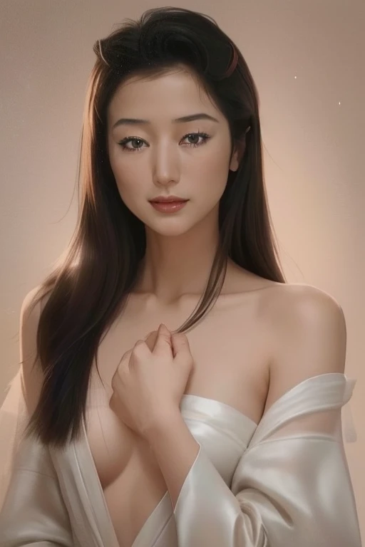 A woman with long hair in a dress, wearing long gown,V-shaped chest,Super sexy,revealing breasts,Exposed milk, Girl with long hair, with a seductive smile, beautiful and smiling,, Long hairstyle, Lovely smile, Beautiful asian woman,high qulity,Raised sexy,Very sexy, posing on a,Face the lens,looks into camera,Ultra-clear,full bodyesbian