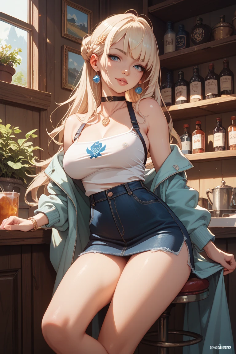 Girl, solo, Full Body, Long hair, white hair, Yellow eyes, sad face, eyes almost closed, Breasts, big Breasts, Large breasts, big Butt, Yellow bikini, detailed bikini, black mini shorts, eating food, in a room