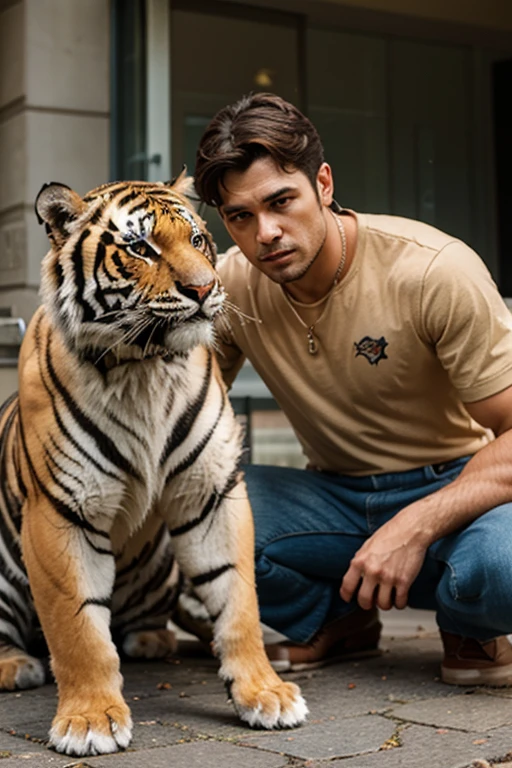 A handsome, burly young man from England without clothes, only wearing trousers, jeans, stands with a large tiger while looking at the camera with a mountainous background.