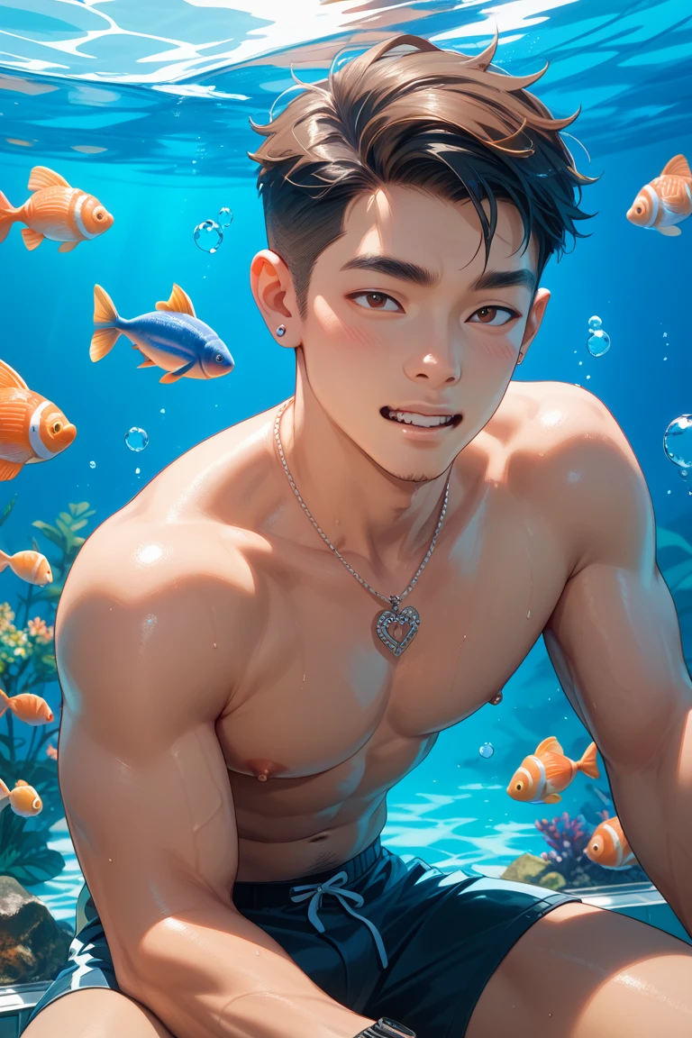 1 male, (male model) hot skin, masterpiece, top quality, most handsome man in the world, by Tham Quan, perfect body, beautiful male model, attractive male lead 20- 25 perfect age, white hair, summer, sea water, blue sky, white clouds, solid and handsome young man in transparent white shirt, transparent white fabric, off-shoulder jacket, exposed chest muscles, thigh gap, ((transparent black briefs exposed)), (male focus), (smooth body)), smile, super cute, dynamic pose, cool and seductive, dramatic lighting , full body shot, full body shot, young face, full body, hairless body, tall and thin, fit body, famous, white or fair skin, young face, toned body, Hd, Natural skin tones, soft lighting, High detail, Audience view, photography, Detailed skin, real people, realism, Realistic optics, Crazy details, Face details, Maximum magnification , Exaggerated Surrealism , film , tele , light intricate detail , High Detail , High Detail , Digital painting , artstation , concept art , smooth focus , sharp , illustration , Unreal Engine 5, 8K, art by Ross Tran and Greg Rutkowski and Alphonse Mucha, UHD, 8k, Men's screen only .8k Ultra HD, DSLR, low light, high quality, film grain, Fujifilm XT3, men's fan , 2-person model, two people