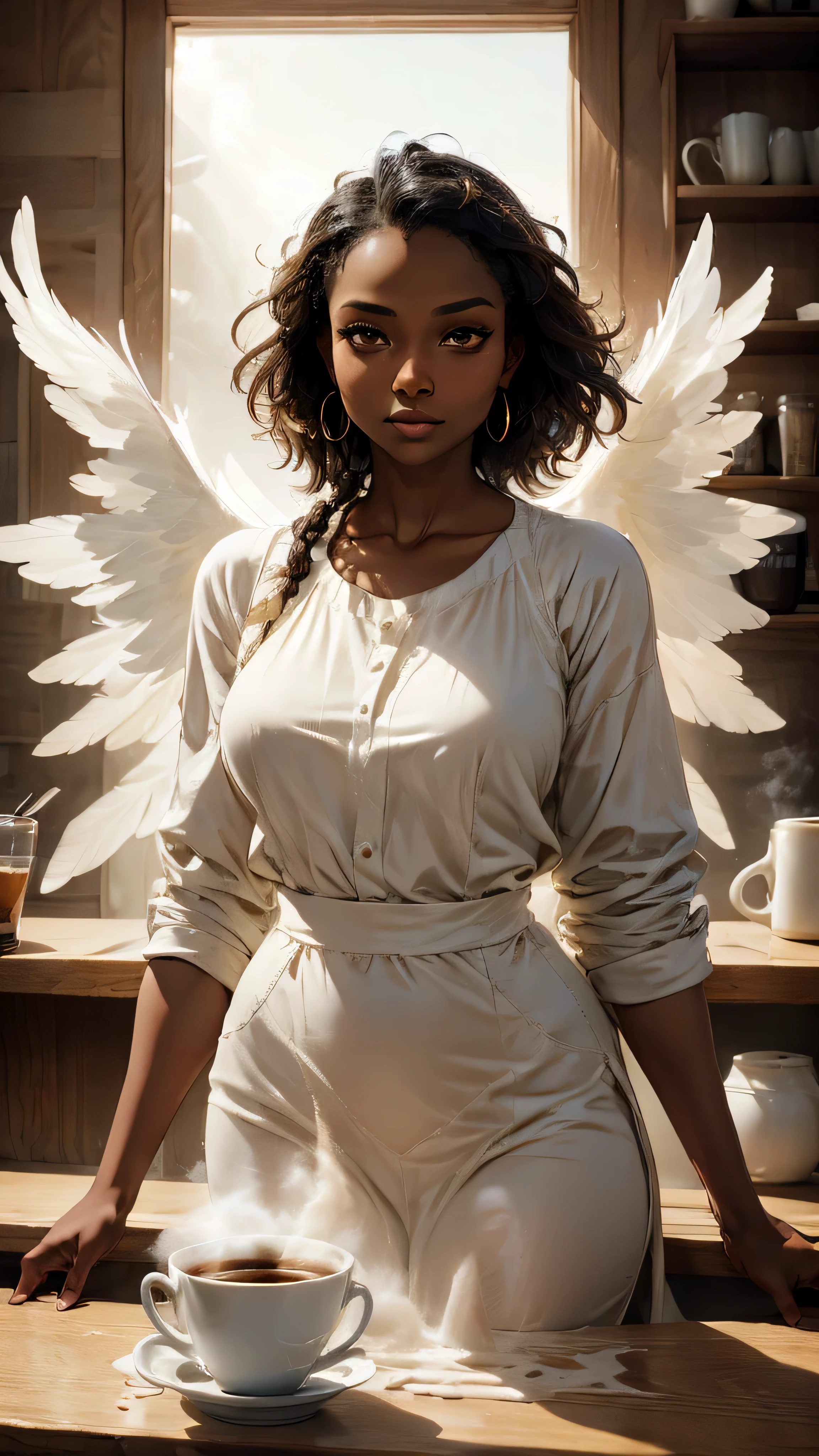 aasimar, african appearance, black skin, ebony skin, 1woman, barista, standing, behind a cozy café counter, gracefully pouring steamed milk into a cup of espresso, create a perfect latte art design, golden eyes shimmer warmly, faint celestial halo glows softly above head, stylish apron, subtle celestial patterns, feathered wings, welcoming atmosphere, large windows, dust motes, kind expression, serve a beautifully crafted cup of coffee, warmth and tranquility, solo, cowboy shot, front view