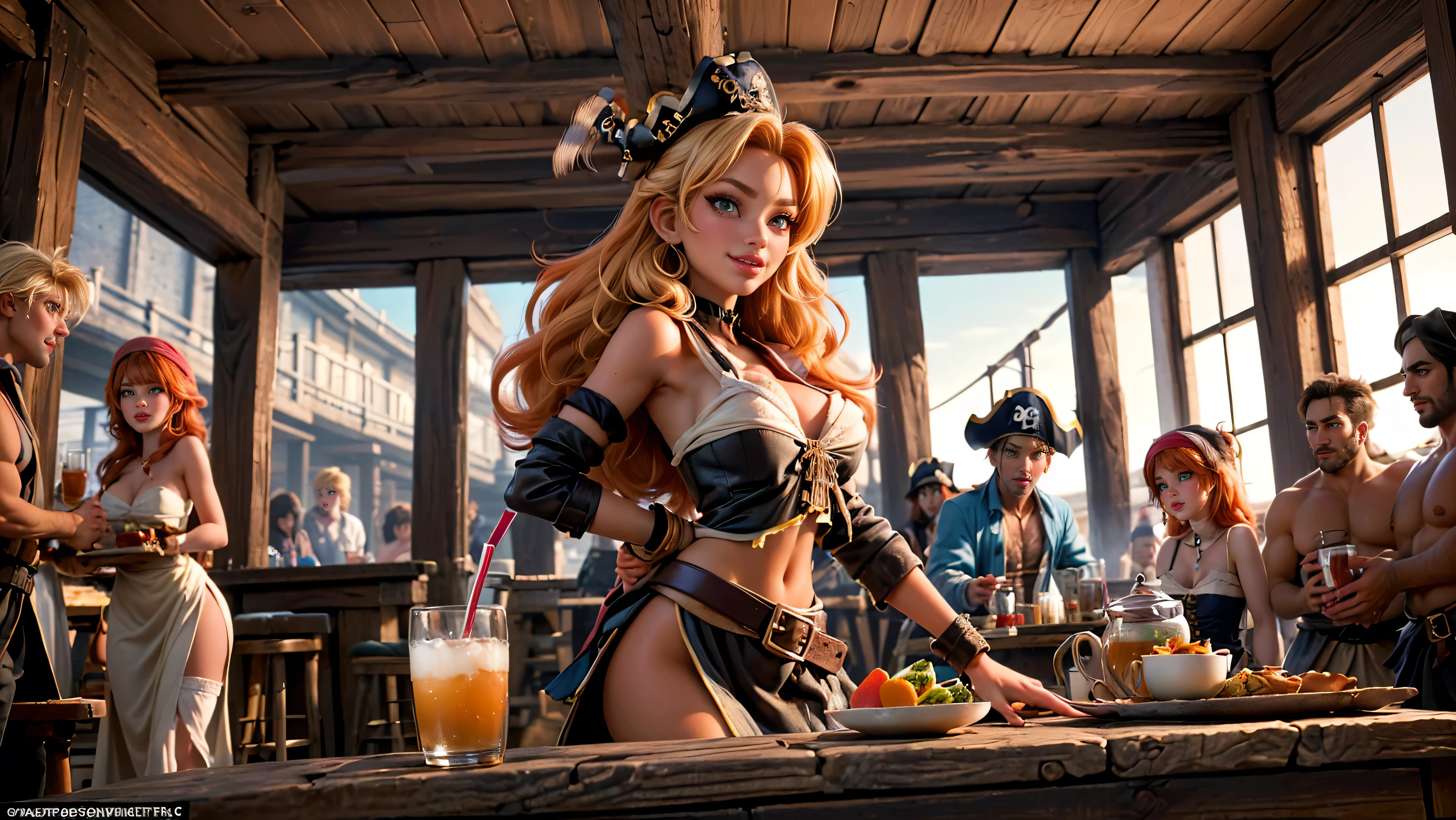((tavern and brothel filled with men)), ((1 redheaded tavern wench serving drinks to old pirates)), ((messy hair, orange hair)), ((1 serving girl)), ((solo girl)), ((ager)), (()), ((littlegirl)), ((Smiling)), ((little)), ((dark tan skin)), ((cute girl)), ((she is serving the pirates)), ((pirates are lusting after the girl)), ((pirates are large burly men)), ((pirates have dark hair)), ((men have blonde hair)), ((men wearing pirate cloths)), ((unshaven pirates)), ((she walks to the tables carrying tankards)), ((the men can't help but stare at her beauty as she walks by)), old tavern, pirate tavern, pirates holding and drinking tankards of ale,