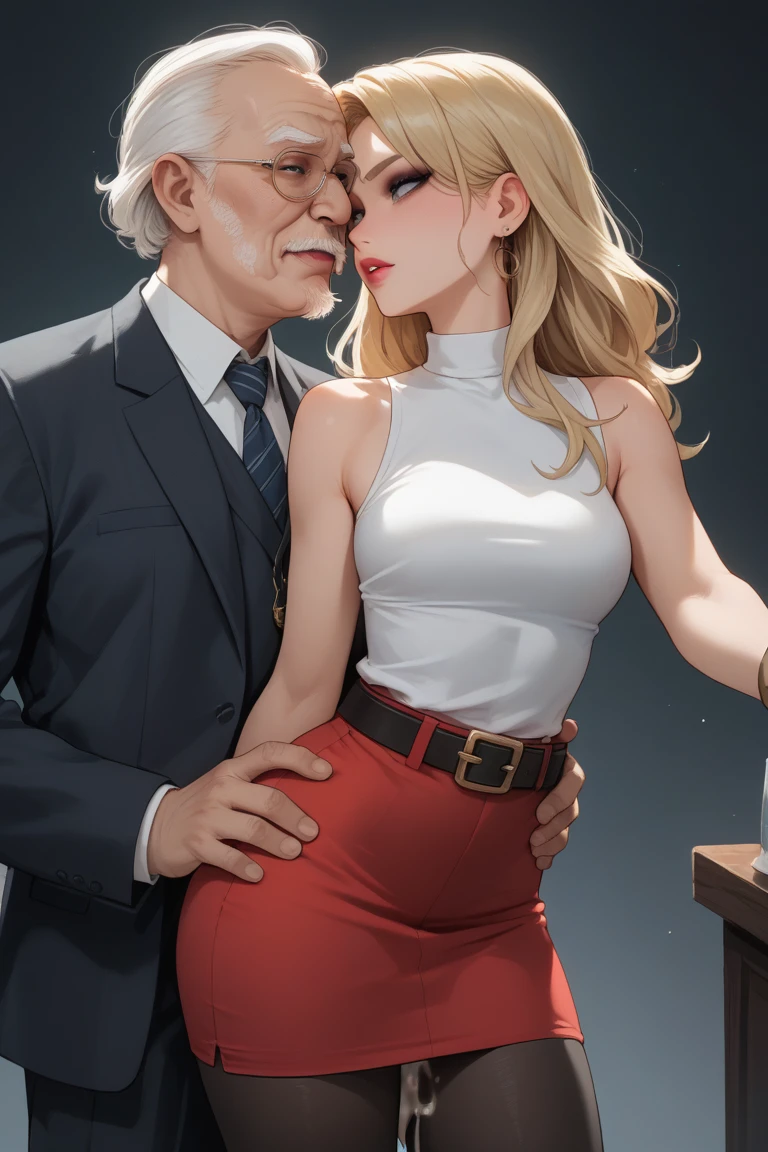 (masterpiece), best quality, (((old businessman holds nude naked girl))) who has annoyed face and blue eye and (large breast) and nipple and vagina and short blond braid and red lipstick and earring and headband and wristwatch and necklace, classroom setting, businessman in background,